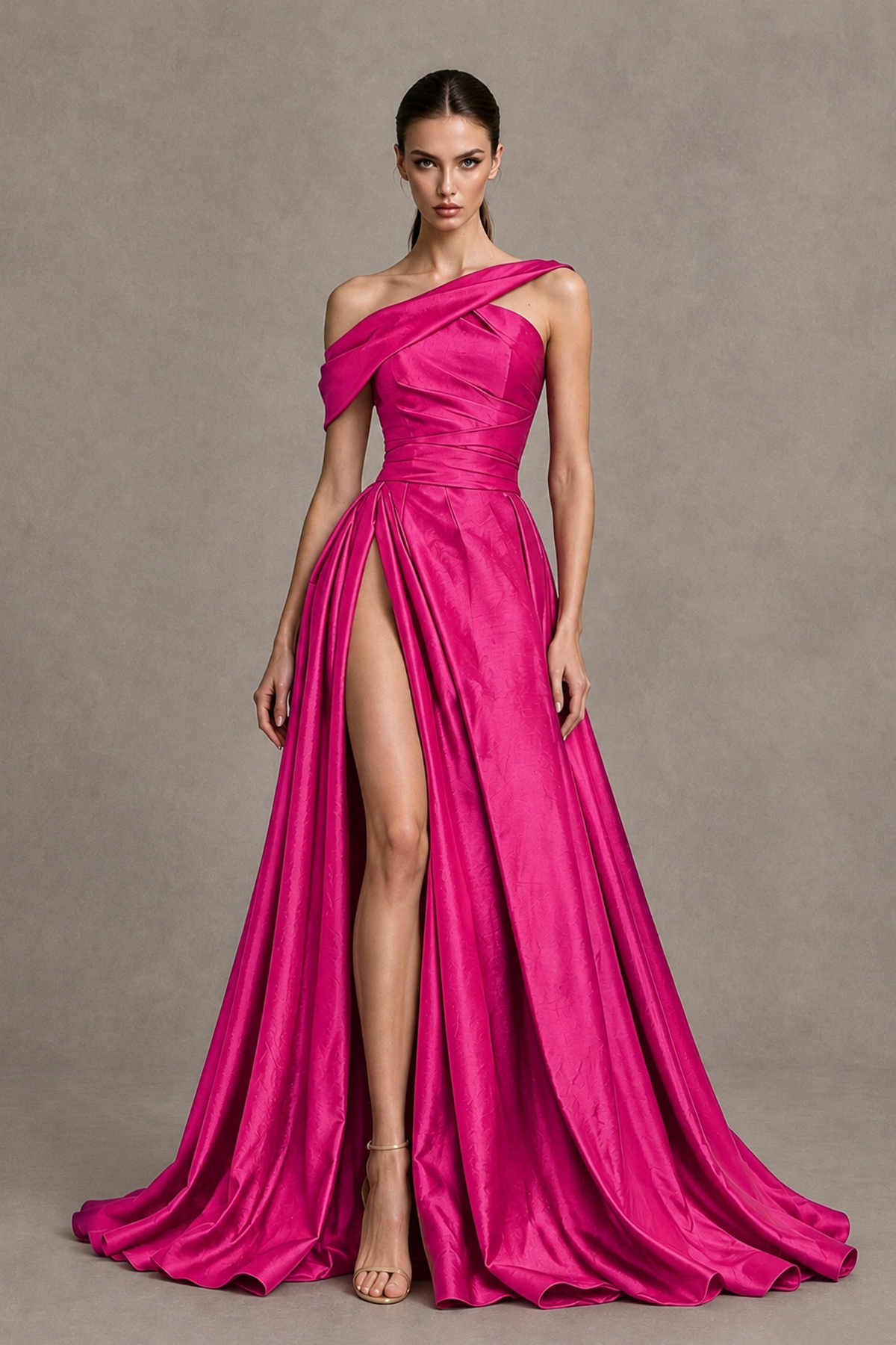 BOLODOO Hot Pink Asymmetric Satin-Look A-Line Prom Dress with High Slit - Hot Pink - Hot Pink_4