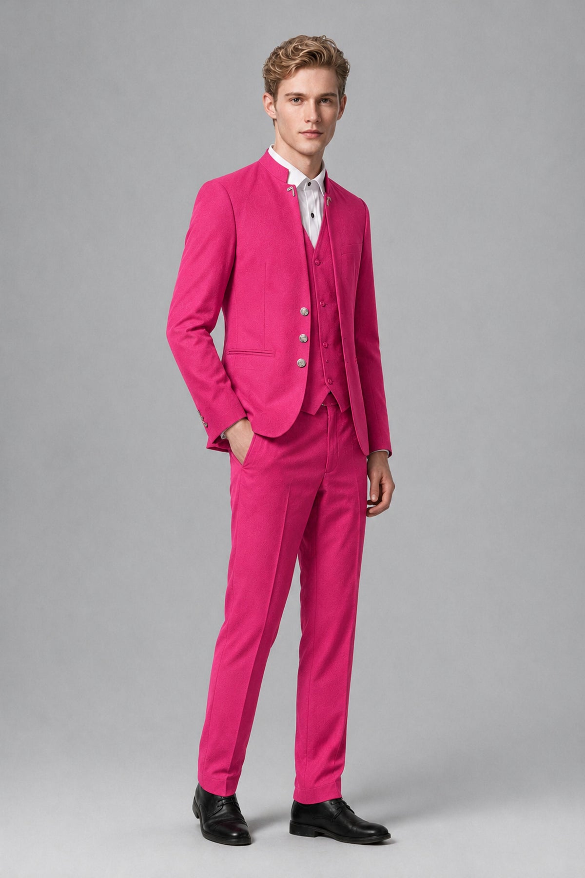 Bolodoo Men's Hot Pink Mandarin Collar 3-Piece Suit – Jacket, Vest & Trousers - Hot Pink - Hot Pink_4