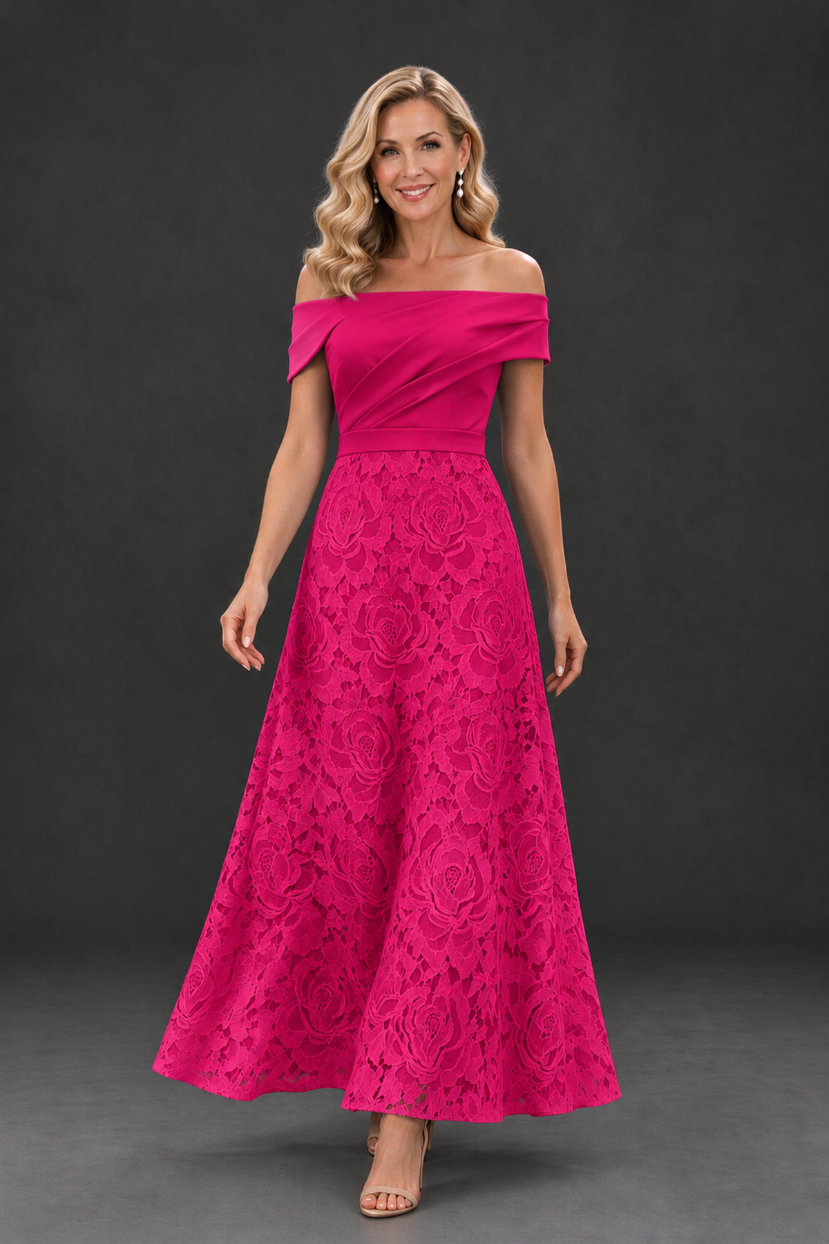 BOLODOO Hot Pink Off-the-Shoulder Floral A-Line Mother of the Bride Dress - Hot Pink - Hot Pink_4