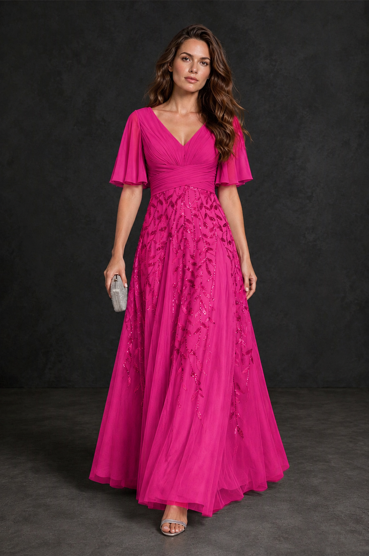 BOLODOO Hot Pink V-Neck Flutter Sleeve Beaded Botanical Tulle A-Line Gown | Mother of the Bride Evening Dress - Hot Pink - Hot Pink_4