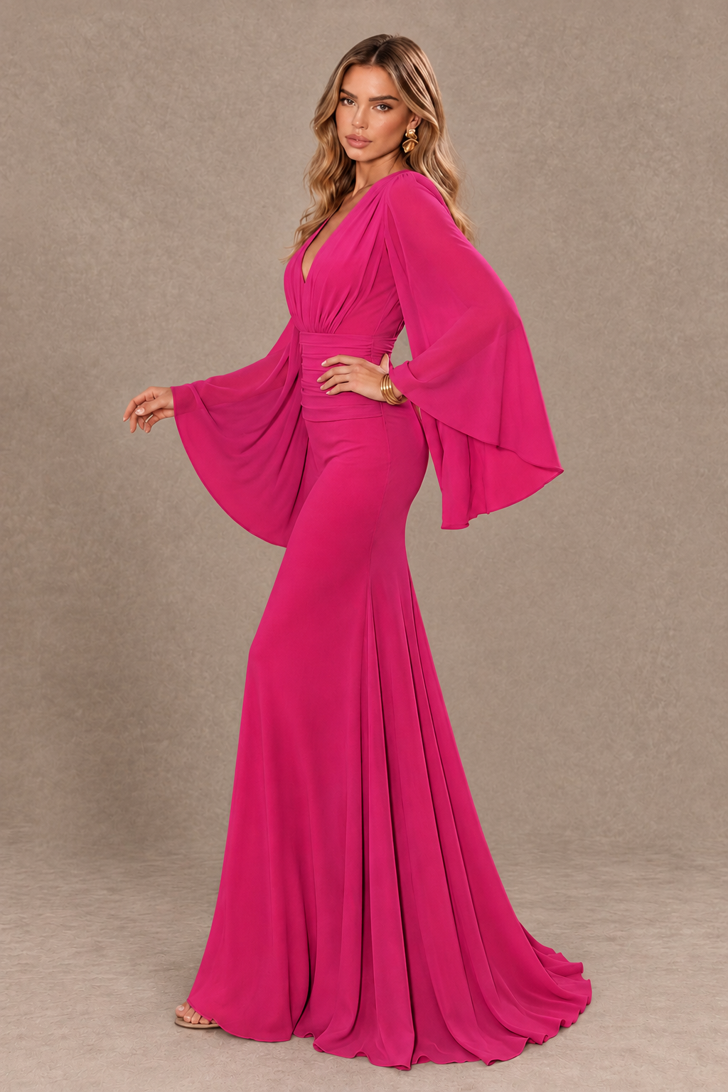 BOLODOO Hot Pink Cape Sleeve V-Neck Ruched Chiffon Evening Dress - Hot Pink - Hot_Pink_4