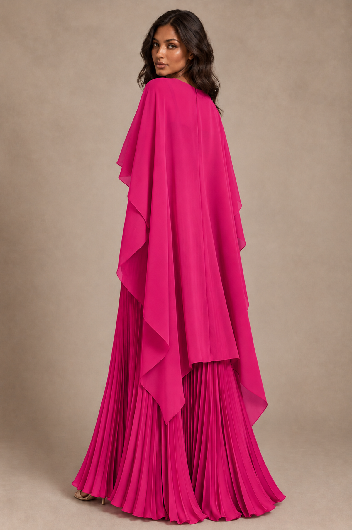 BOLODOO Hot Pink Pleated Cape A-Line Evening Dress - Hot Pink - Hot_Pink_4