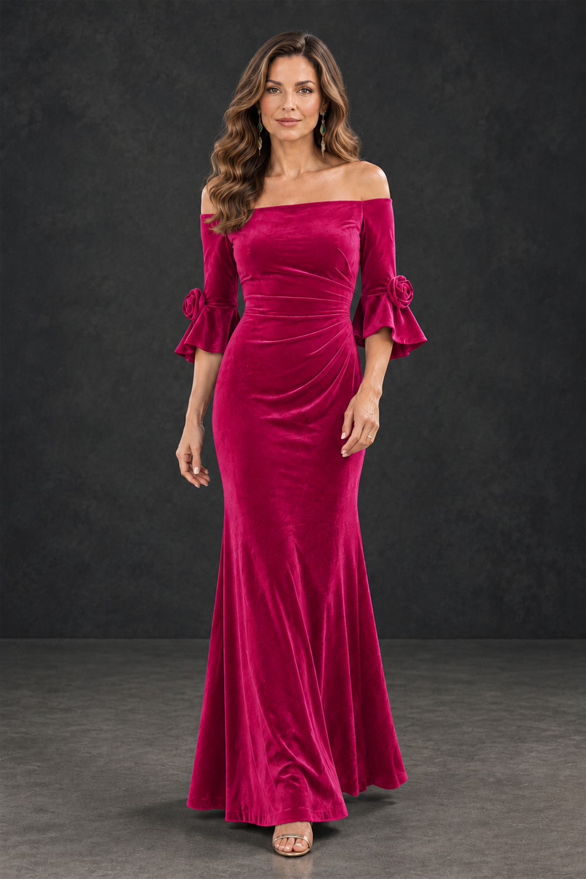 BOLODOO Hot Pink Velvet Mother of the Bride Dress with Rosette Sleeves - Hot Pink - Hot_Pink_4