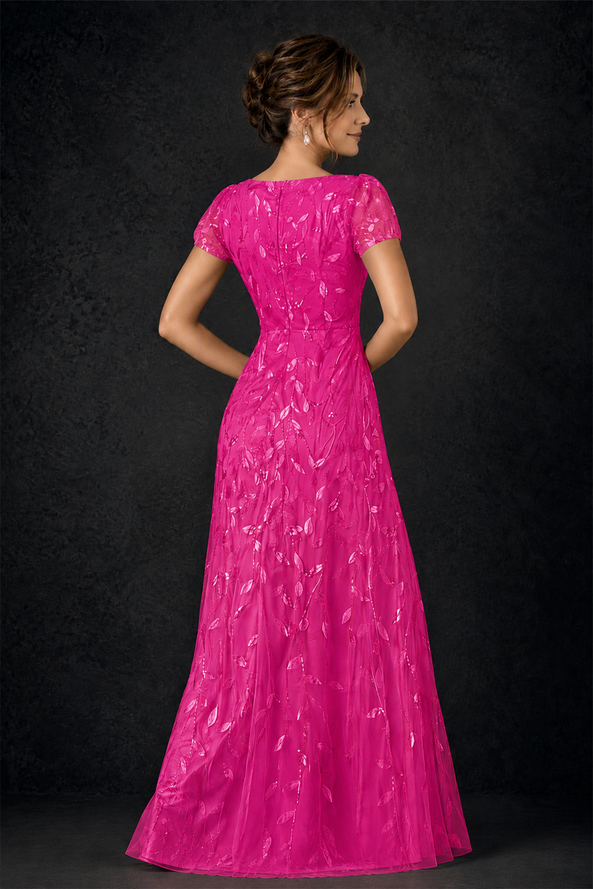 BOLODOO Hot Pink Leaf Embroidered A-Line Formal Gown with Cap Sleeves - Hot Pink - Hot_Pink_4