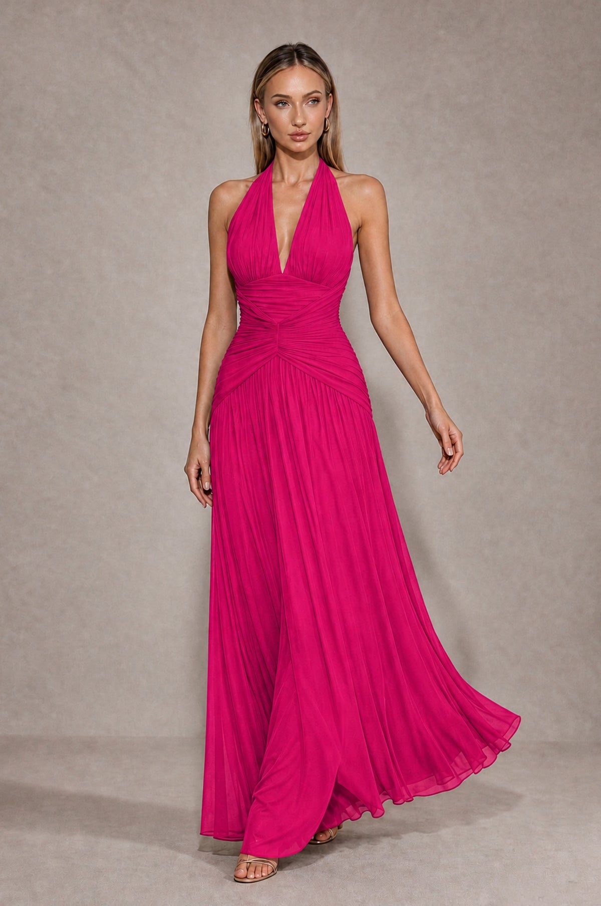 BOLODOO Hot Pink Chiffon Halter Deep V-Neck Ruched A-Line Backless Maxi Dress with Train-BD0167 - Hot Pink - Hot Pink_4