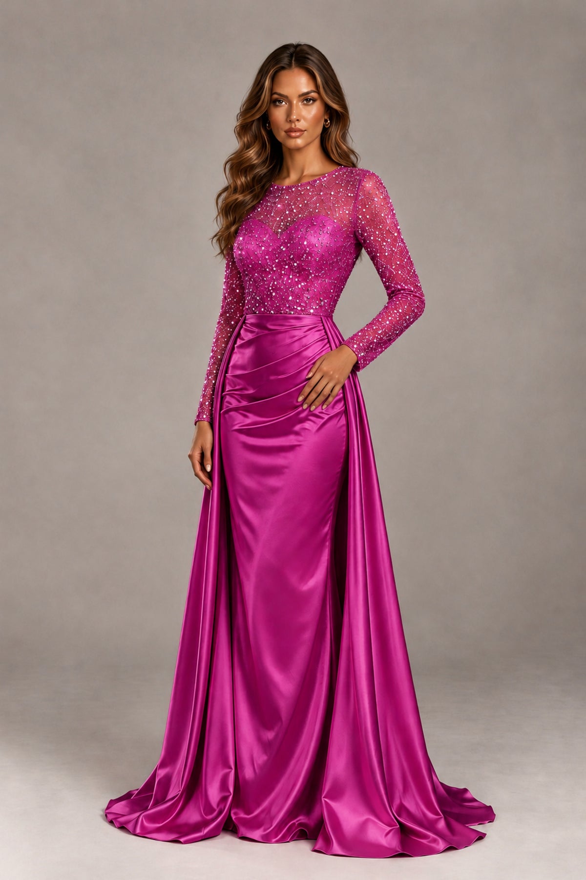 BOLODOO Hot Pink Long Sleeve Embellished Satin Evening Gown with Sweep Train - Hot Pink - Hot Pink_4