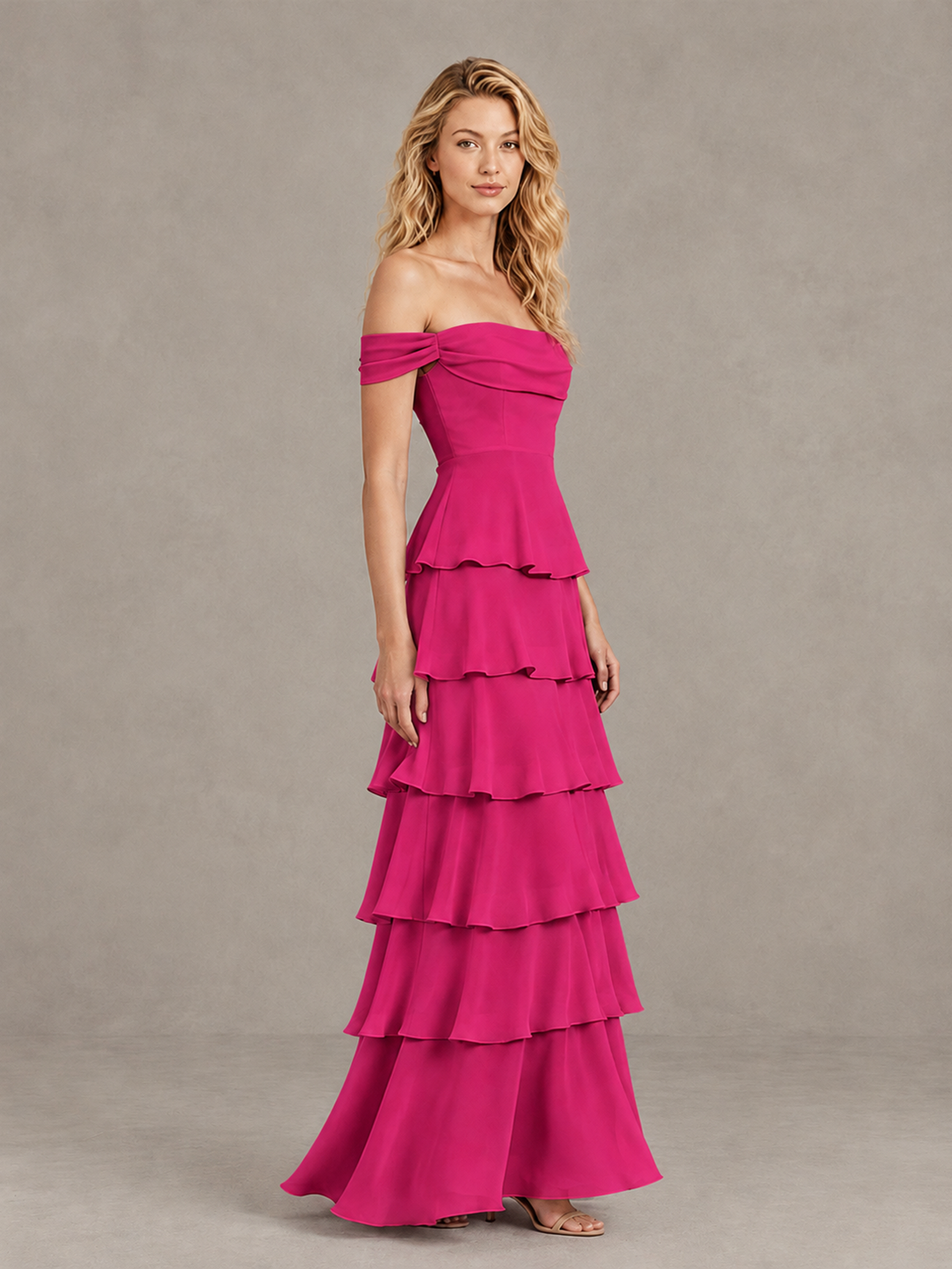 BOLODOO Hot Pink Off-Shoulder Tiered Ruffle Bridesmaid Dress with Lace-Up Back - Hot Pink - Hot Pink_4