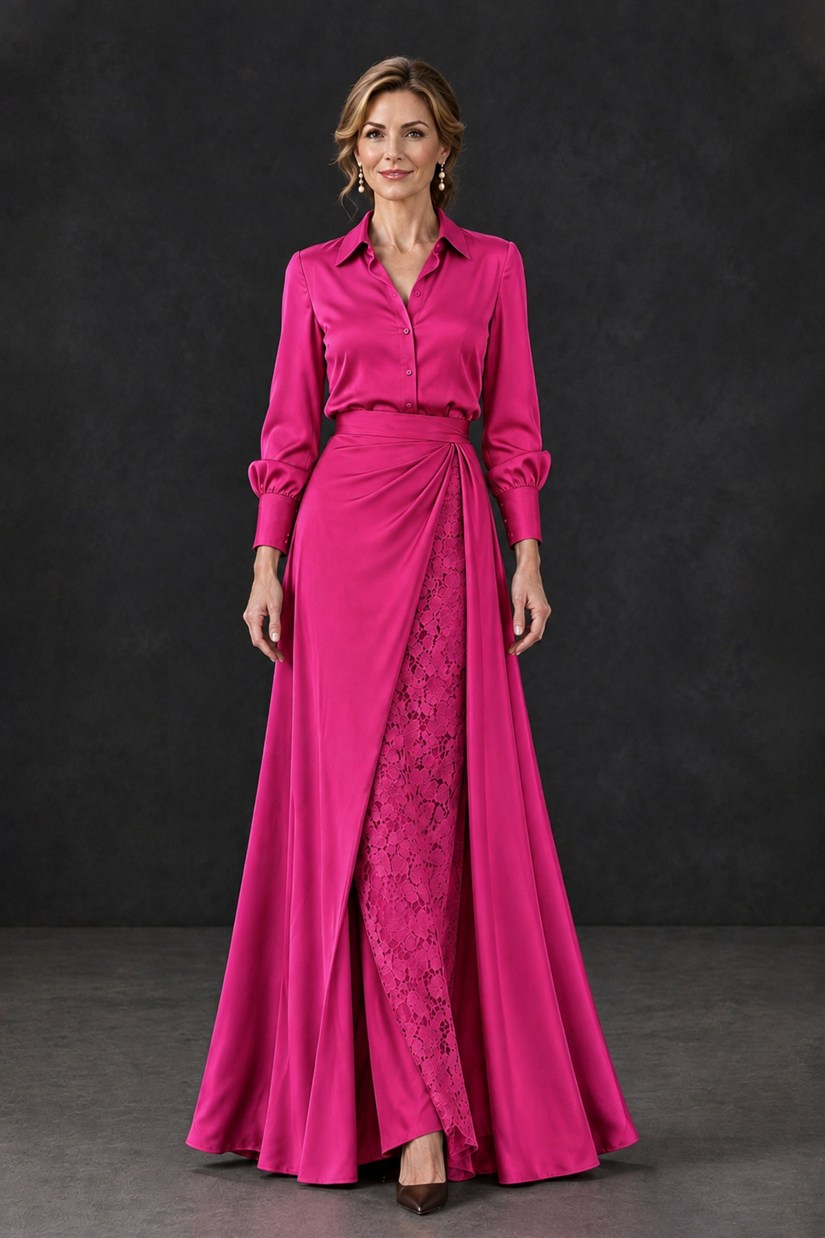 BOLODOO Hot Pink Long Sleeve Satin-Look Lace Panel Gown - Hot Pink - Hot Pink_4