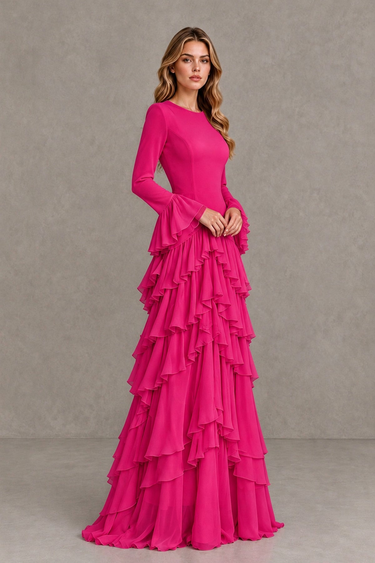 Hot Pink Long Sleeve Tiered Ruffle Evening Gown - Hot Pink - Hot Pink_4