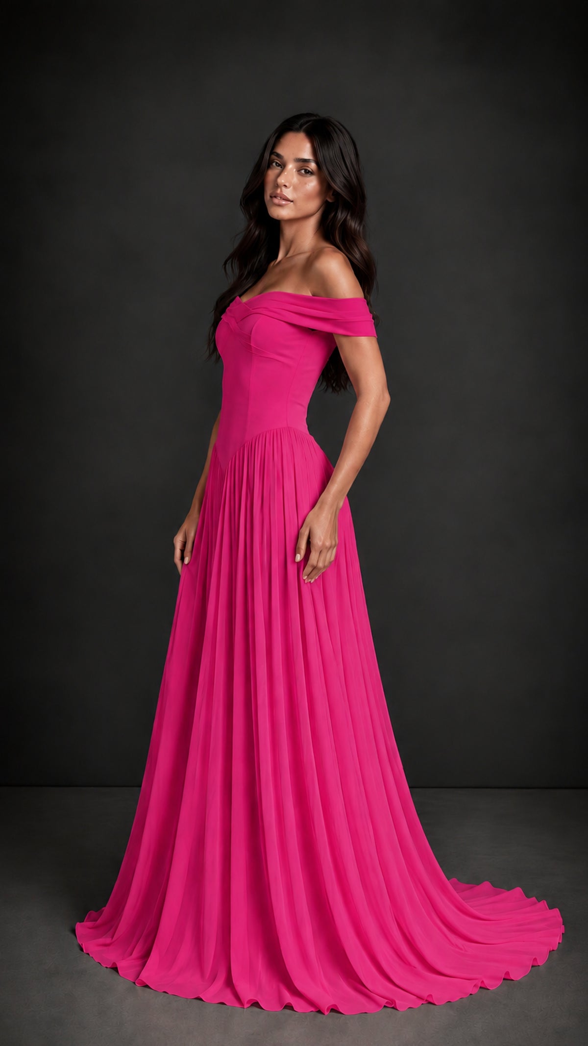BOLODOO Hot Pink Off-Shoulder Sweetheart Corset Pleated Chiffon Maxi Dress - Hot Pink