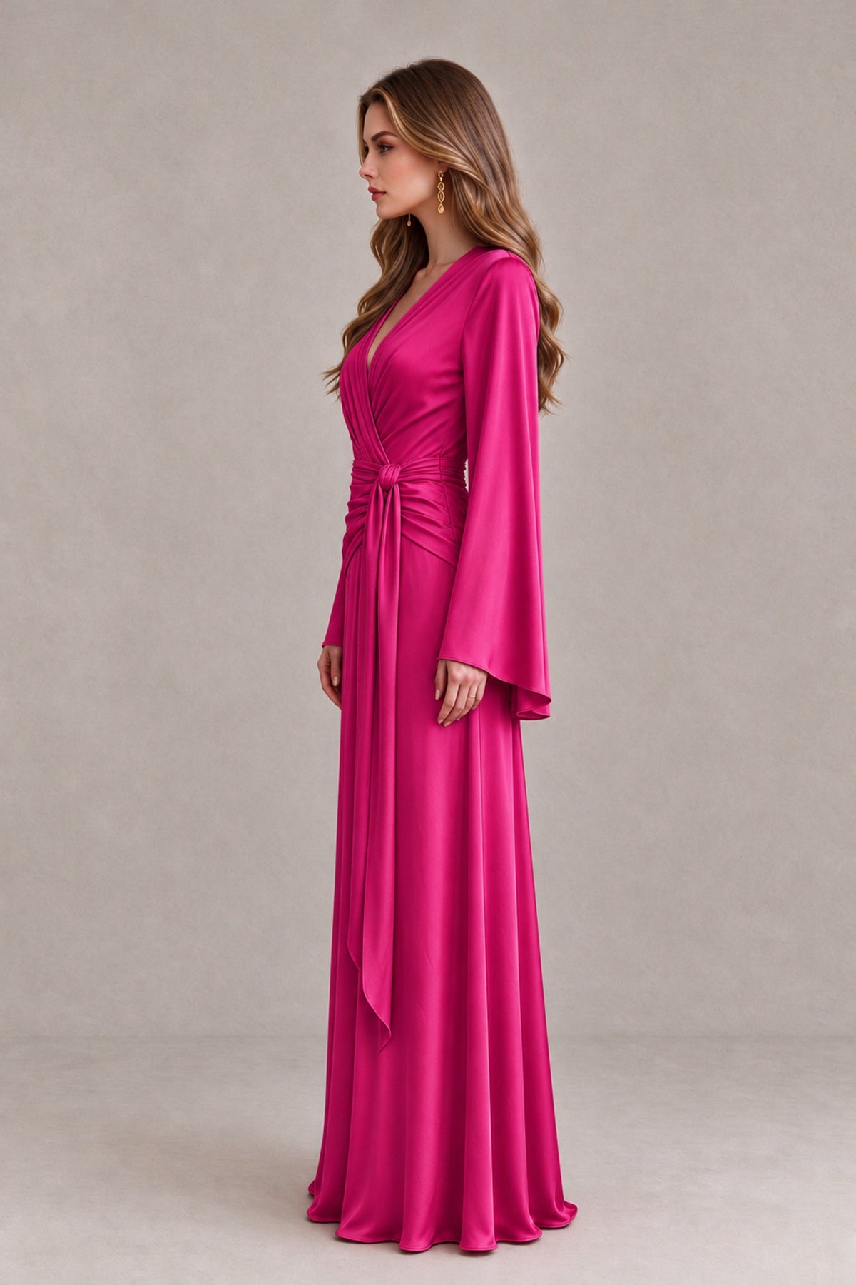 BOLODOO Hot Pink Yellow Satin-Look V-Neck Long Bell Sleeve Evening Dress - Hot Pink - Hot_Pink_4