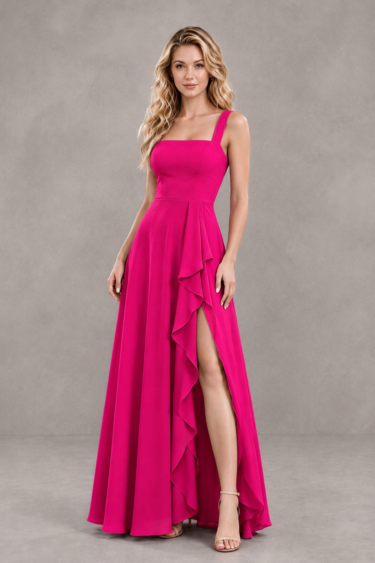 BOLODOO Hot Pink Square Neck Ruffle A-Line Bridesmaid Dress with Slit - Hot Pink - Hot Pink_4