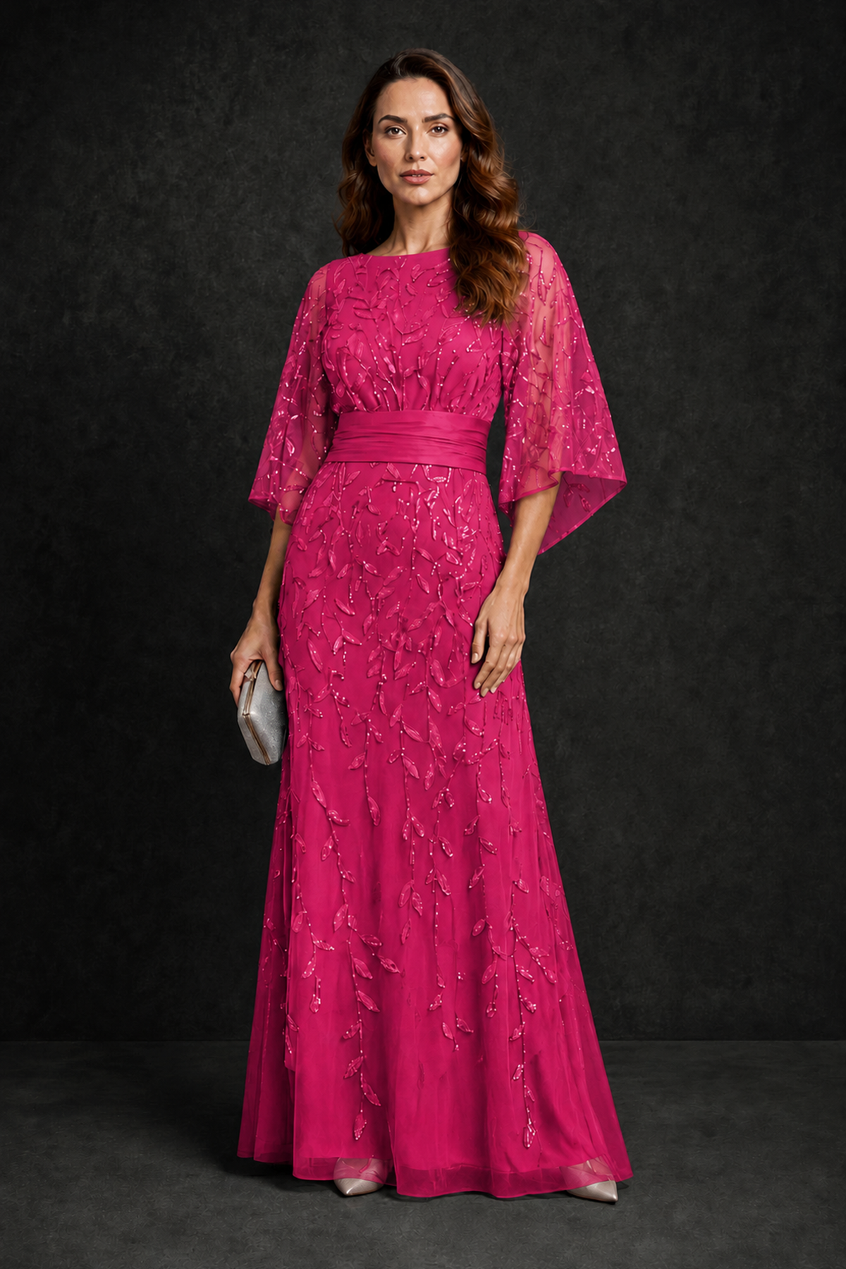 BOLODOO Hot Pink Bateau Neck Bell Sleeve Sequin Embroidered Satin Waist A-Line Maxi Dress - Hot Pink - Hot_Pink_4
