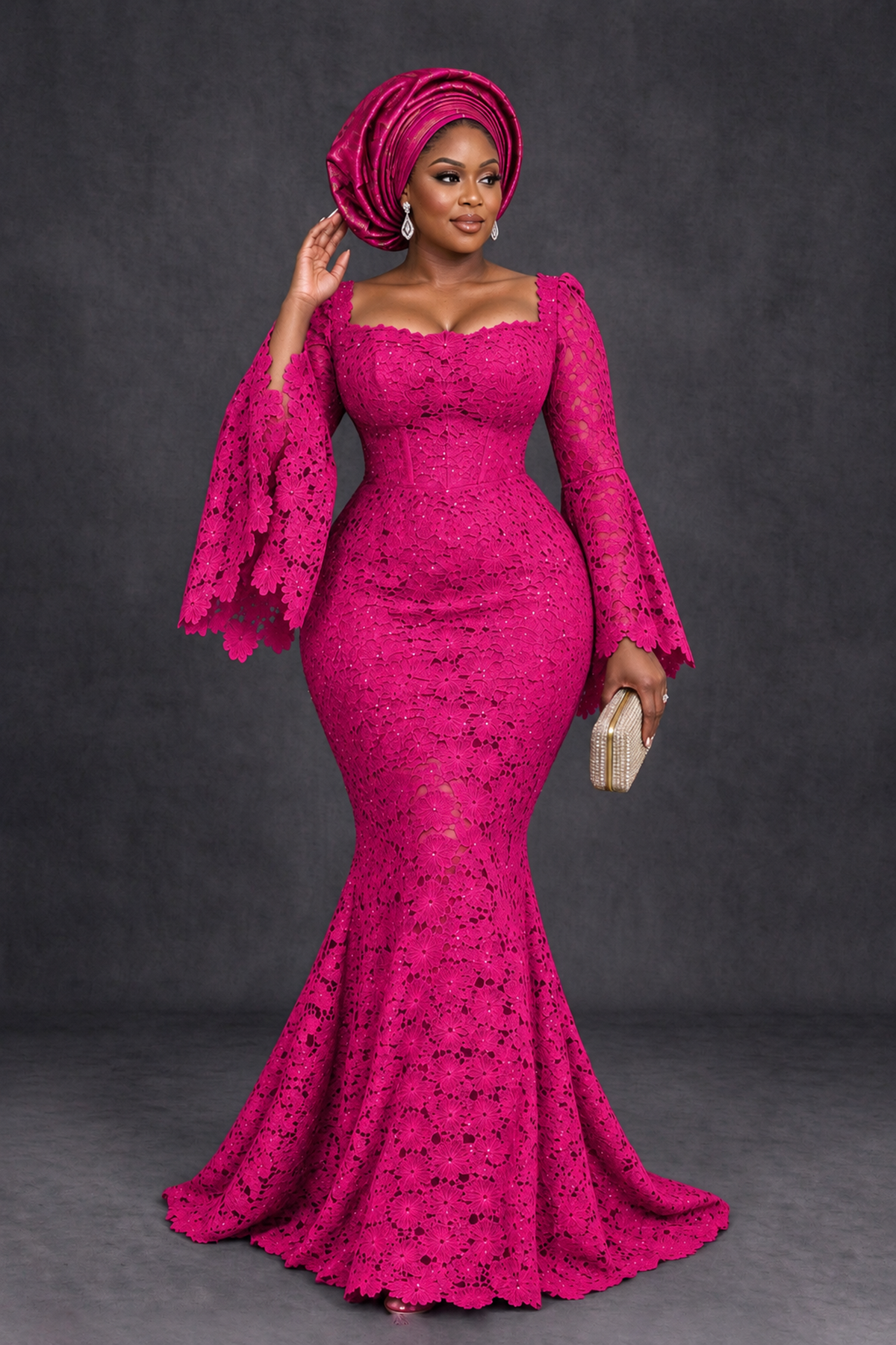 BOLODOO Hot Pink African Lace Mermaid Dress, Plus Size Nigerian Wedding Guest Gown with Bell Sleeves - Hot Pink - Hot Pink_4