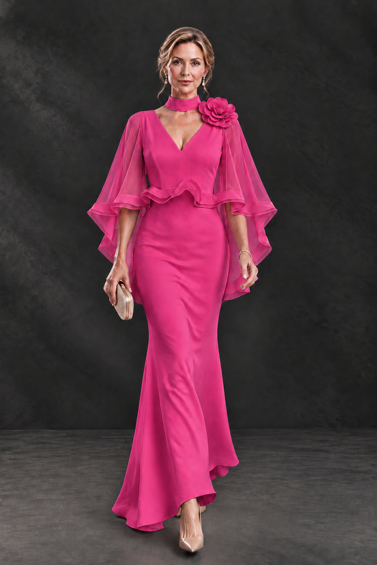 BOLODOO Hot Pink Floral Cape Sleeve Mother of the Bride Dress - Hot Pink - Hot_Pink_4