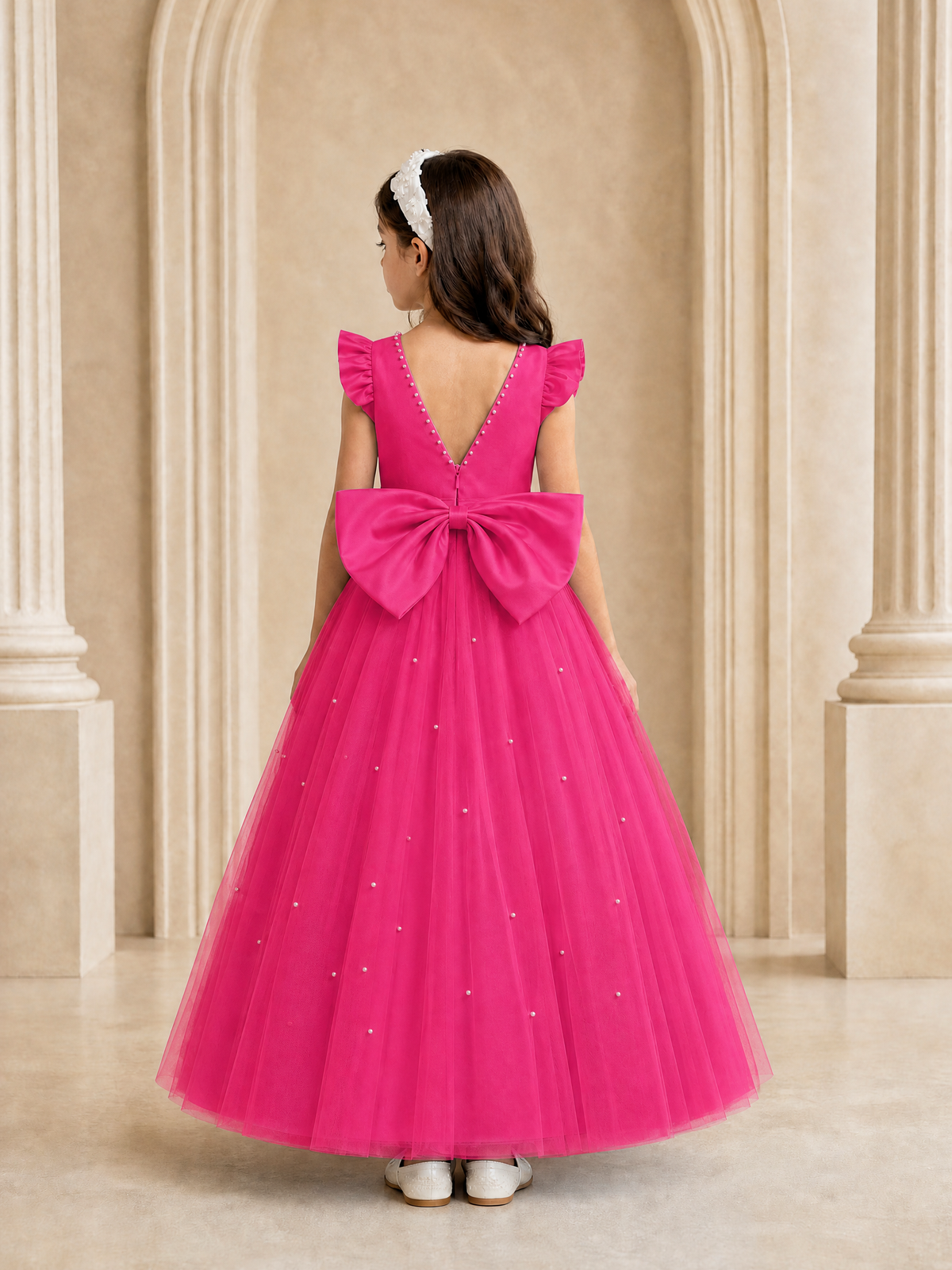 BOLODOO Hot Pink Tulle Flower Girl Dress with Ruffle Sleeves & Bow Back - Hot Pink - Hot_Pink_4