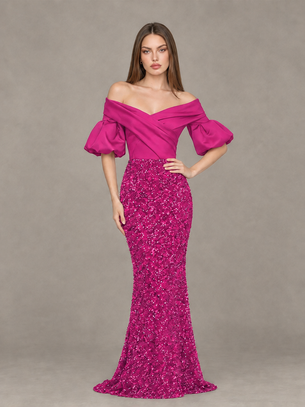 BOLODOO Hot Pink Off-Shoulder Puff Sleeve Sequin Mermaid Evening Dress - Hot Pink - Hot Pink_4