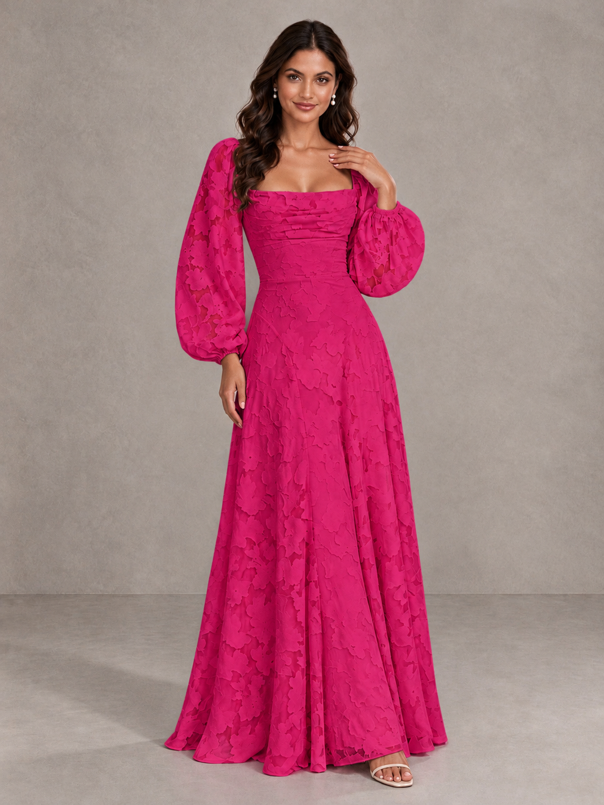 BOLODOO Hot Pink Floral Long Sleeve A-Line Bridesmaid Dress - Hot Pink - Hot Pink_4