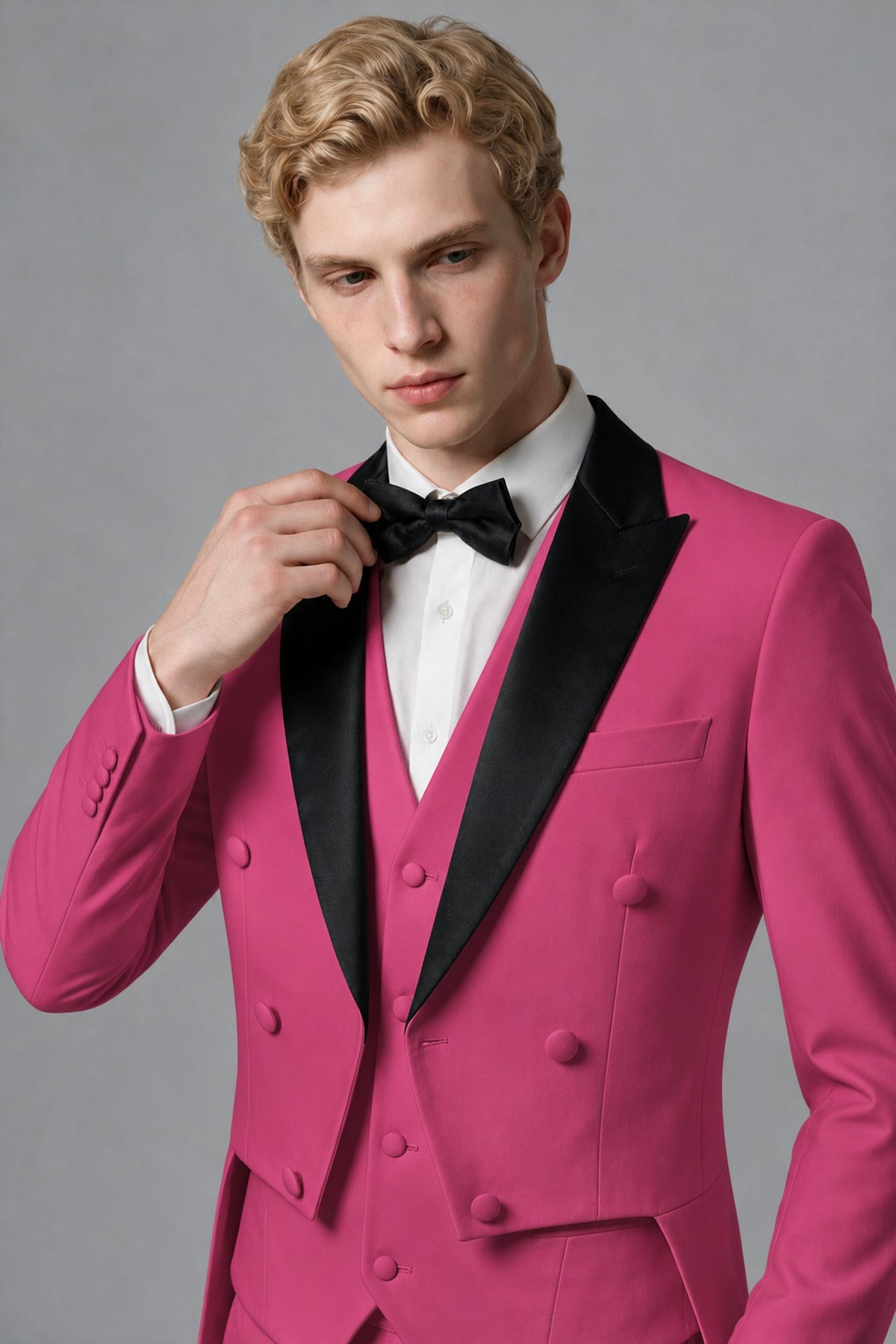 Bolodoo Men's Hot Pink 3-Piece Tailcoat Tuxedo Suit with Vest & Trousers - Hot Pink - Hot Pink_4