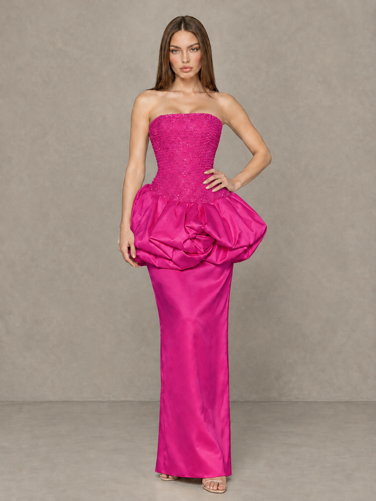 BOLODOO Hot Pink Strapless Embellished Bubble Peplum Evening Dress - Hot Pink - Hot Pink_4