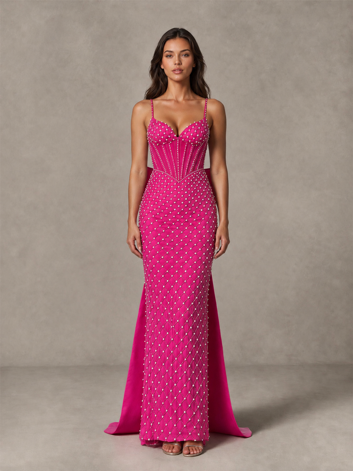 BOLODOO Hot Pink Beaded Corset Prom Dress with Bow Train - Hot Pink - Hot_Pink_4