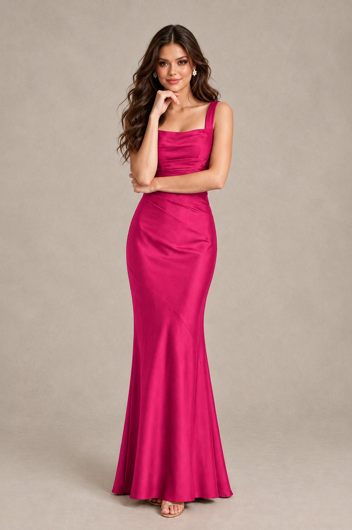 BOLODOO Hot Pink Square Neck Ruched Satin Lace-Up Bridesmaid Dress - Hot Pink - Hot Pink_4