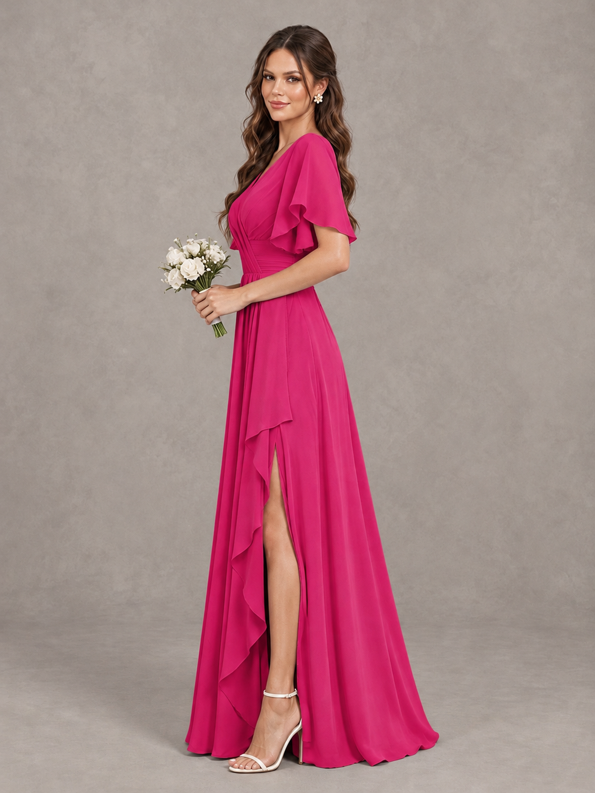 BOLODOO Hot Pink Flutter Sleeve V-Neck Bridesmaid Dress with Ruffle Slit - Hot Pink - Hot Pink_4