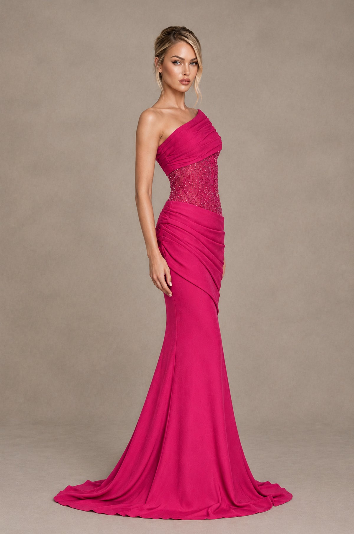 BOLODOO Hot Pink One-Shoulder Sequin Embroidered Ruched Mermaid Gown with Train - Hot Pink - Hot Pink_4