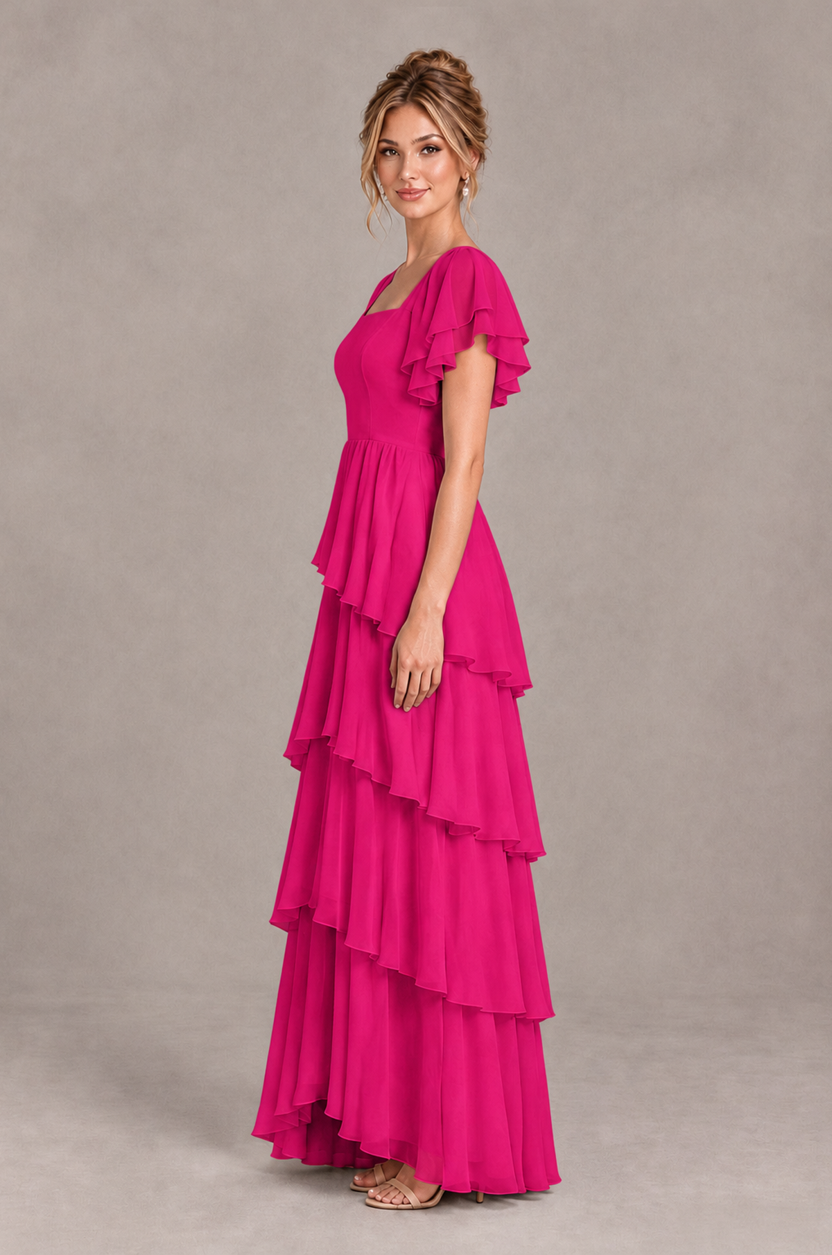 BOLODOO Hot Pink Square Neck Flutter Sleeve Tiered Chiffon Bridesmaid Dress with Lace-Up Back - Hot Pink - Hot Pink_4