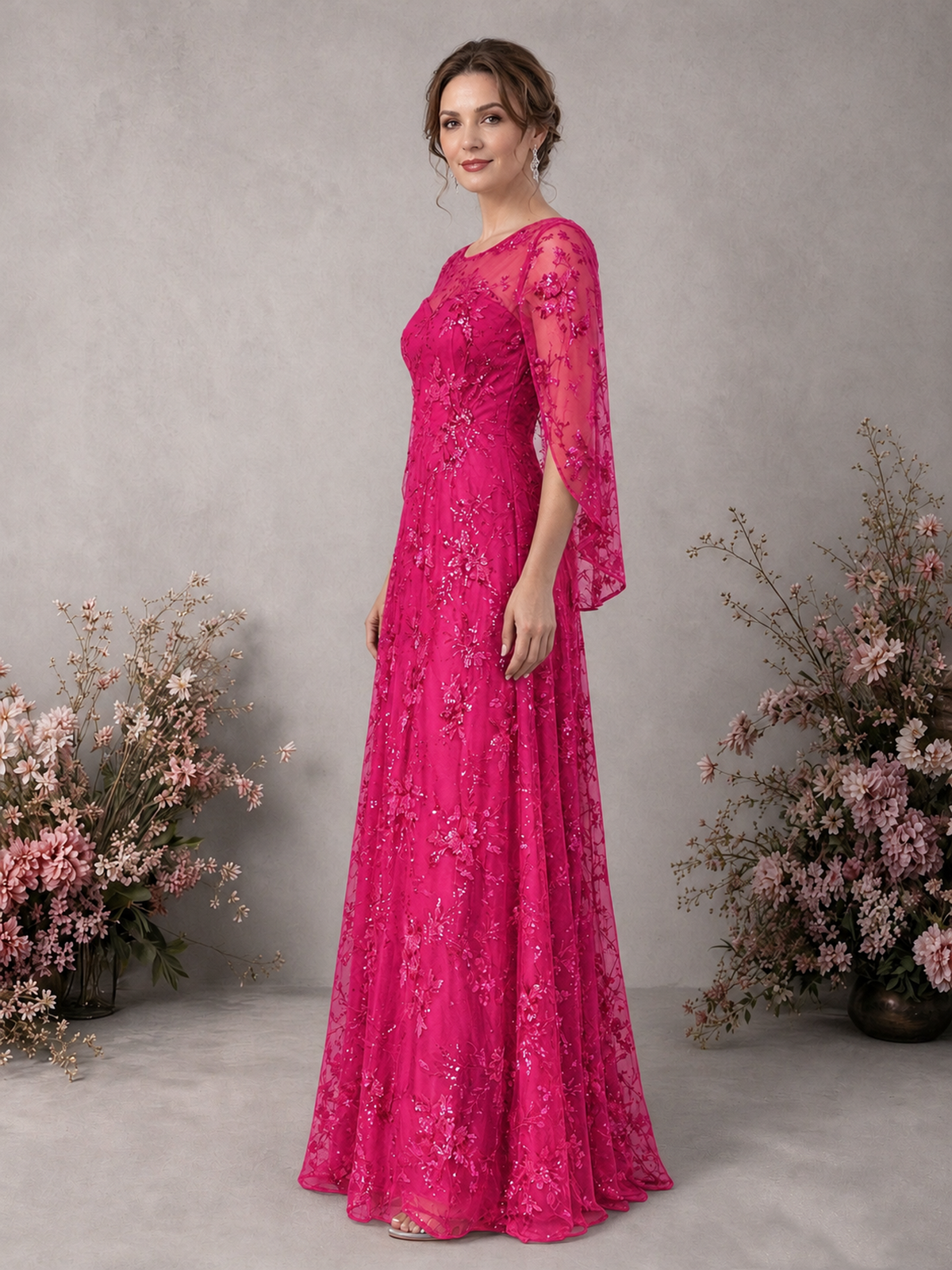 BOLODOO Hot Pink Sequin Lace Cape Sleeve Formal Evening Gown - Hot Pink - Hot Pink_4