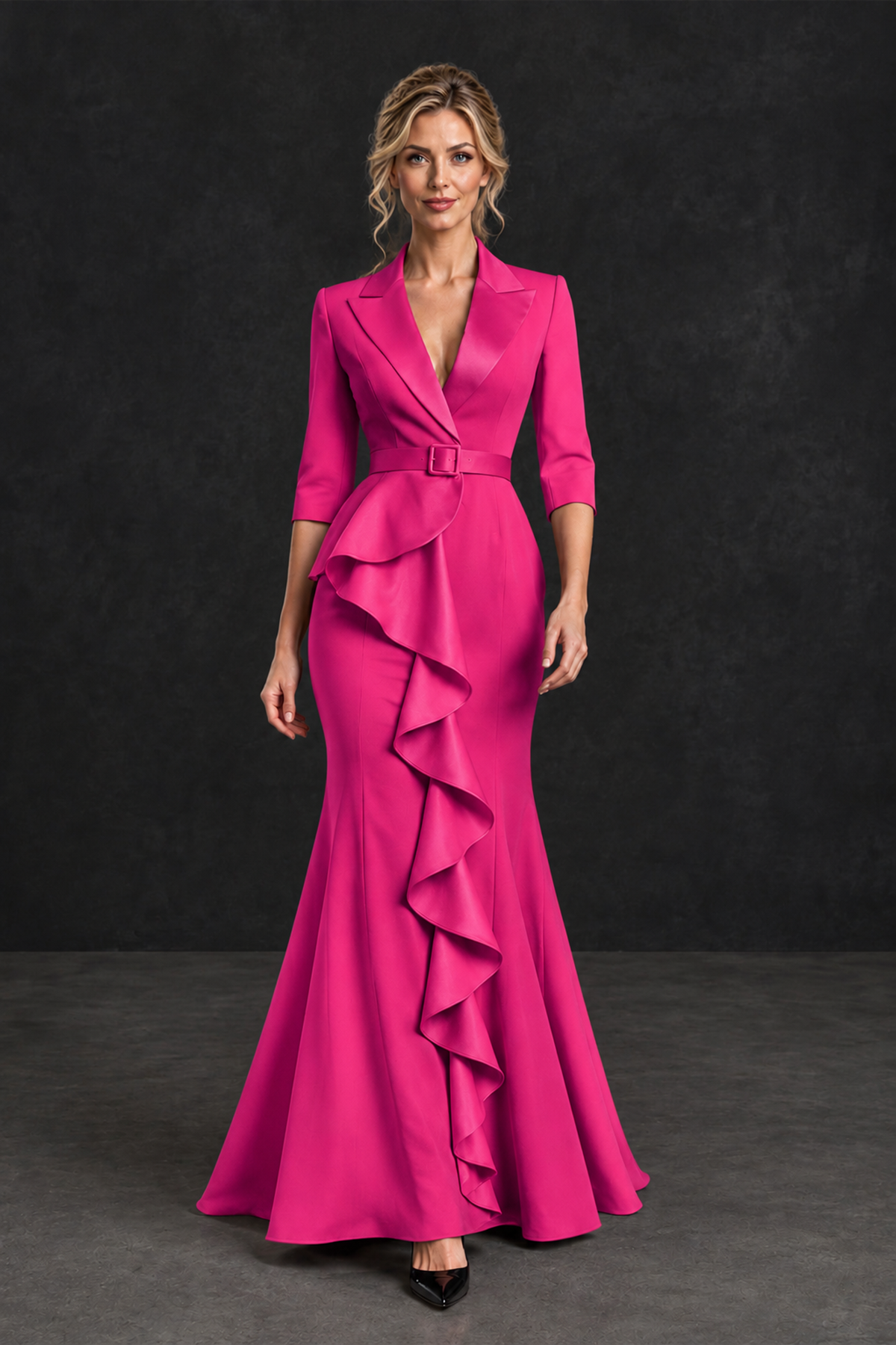 BOLODOO Hot Pink Lapel Ruffle Mother of the Bride Dress with Belt - Hot Pink - Hot Pink_4