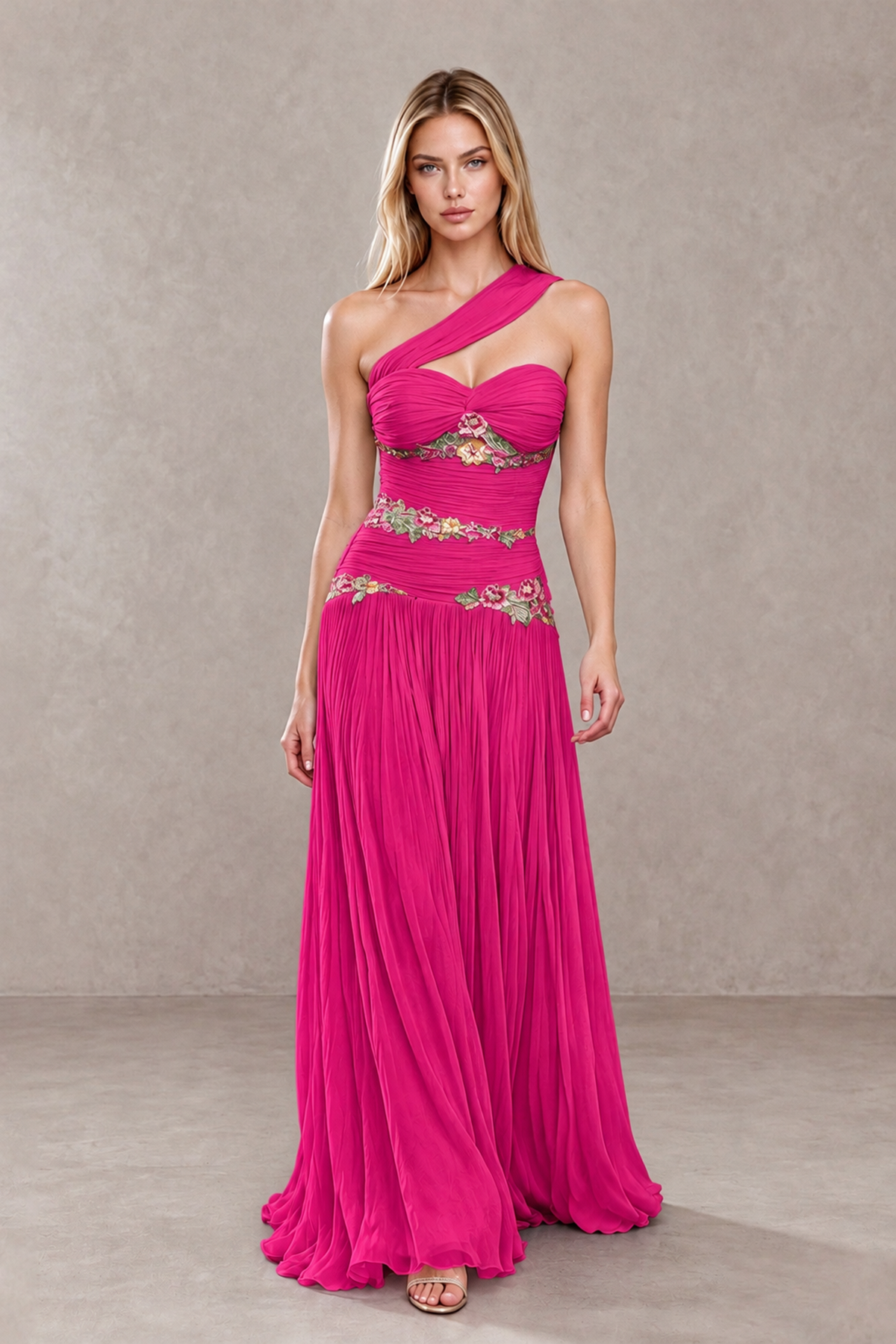 BOLODOO Hot Pink One-Shoulder Floral Applique A-Line Evening Dress - Hot Pink - Hot Pink_4