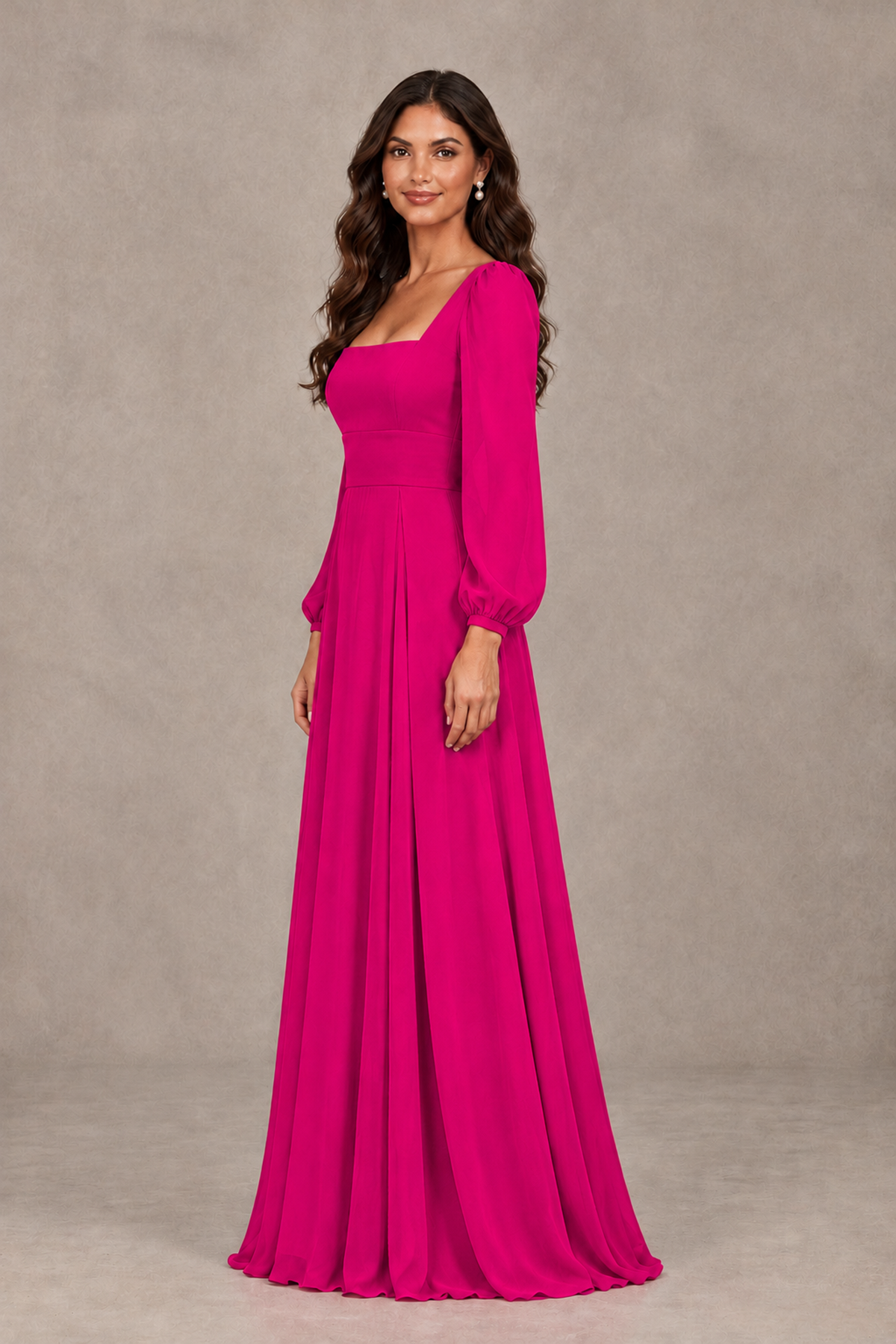 BOLODOO Hot Pink Square Neck Long Sleeve A-Line Bridesmaid Dress - Hot Pink - Hot Pink_4