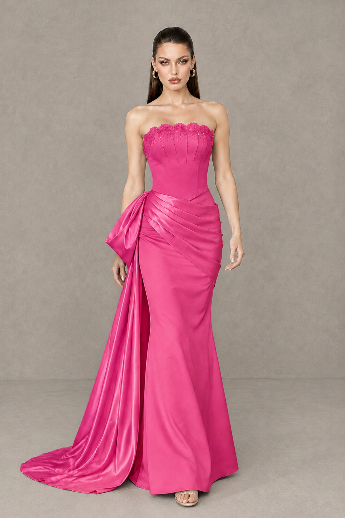 BOLODOO Hot Pink Strapless Satin Prom Dress with Draped Side Train - Hot Pink - Hot_Pink_4