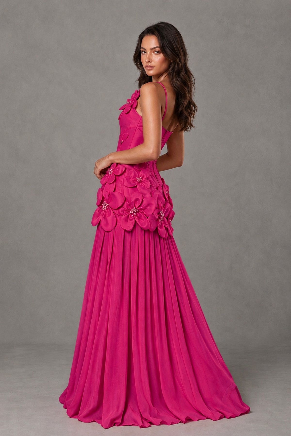 BOLODOO Hot Pink 3D Floral Appliqué Floor-Length A-Line Evening Gown - Hot Pink