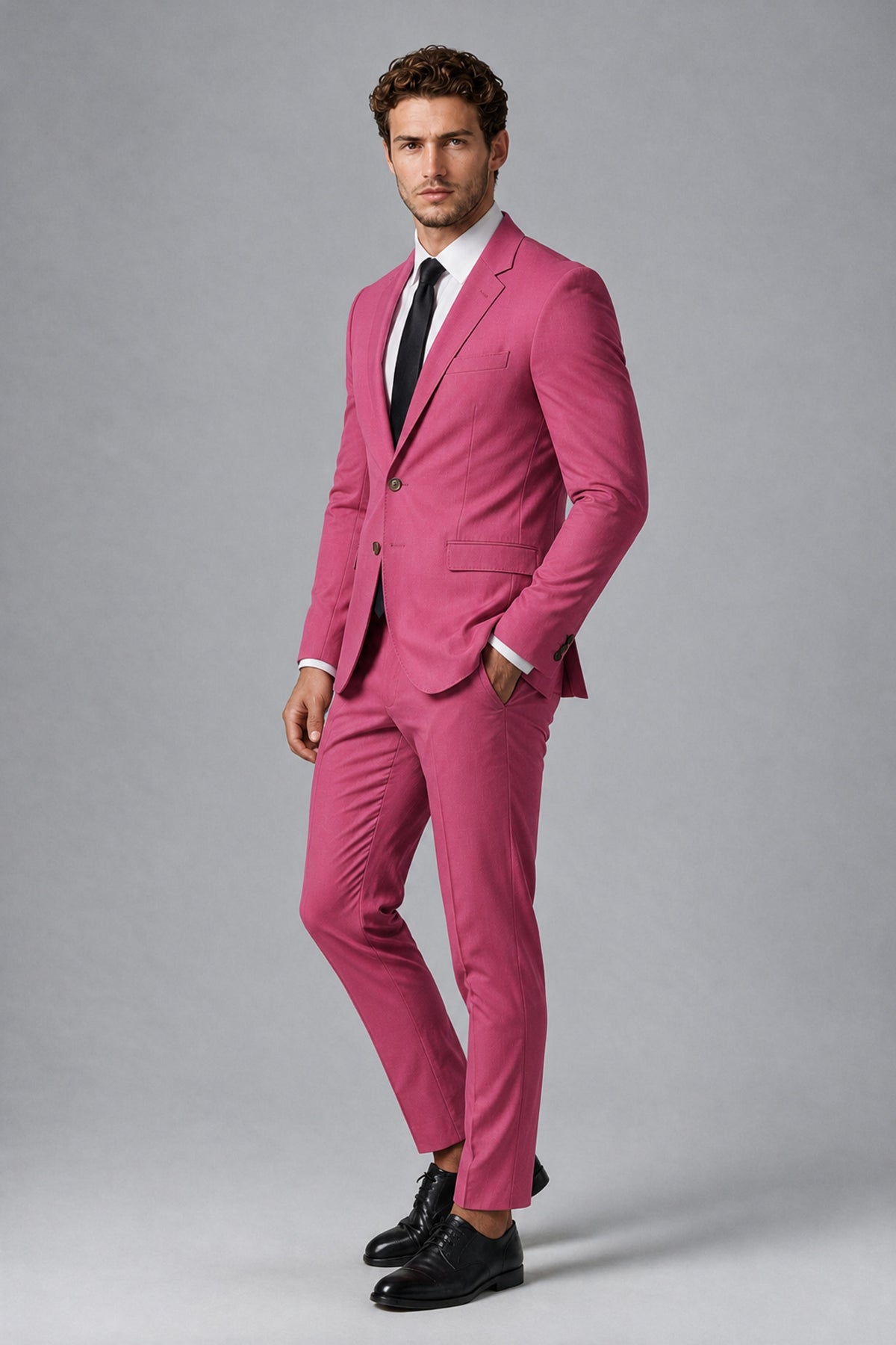 Bolodoo Men's Hot Pink Two-Piece Suit with Notch-Lapel Jacket & Trousers - Hot Pink - Hot_Pink_4