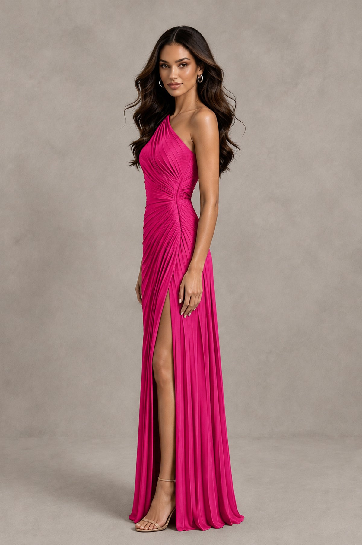 BOLODOO Hot Pink One Shoulder Pleated Evening Dress with Ruched Waist and High Slit - Hot Pink - Hot Pink_4