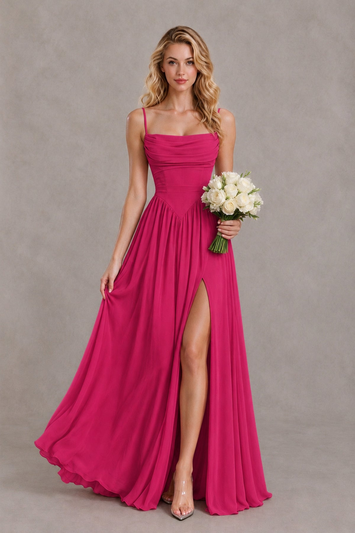 BOLODOO Hot Pink Spaghetti Strap A-Line Bridesmaid Dress with Slit - Hot Pink - Hot Pink_4