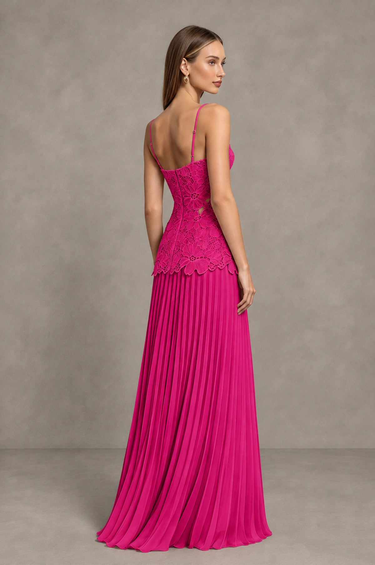 BOLODOO Hot Pink Lace Bodice Pleated Wedding Guest Dress - Hot Pink - Hot Pink_4