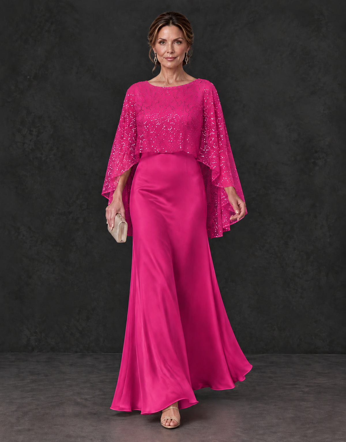 BOLODOO Hot Pink Sparkle Cape Sleeve Mother of the Bride Dress - Hot Pink - Hot_Pink_4