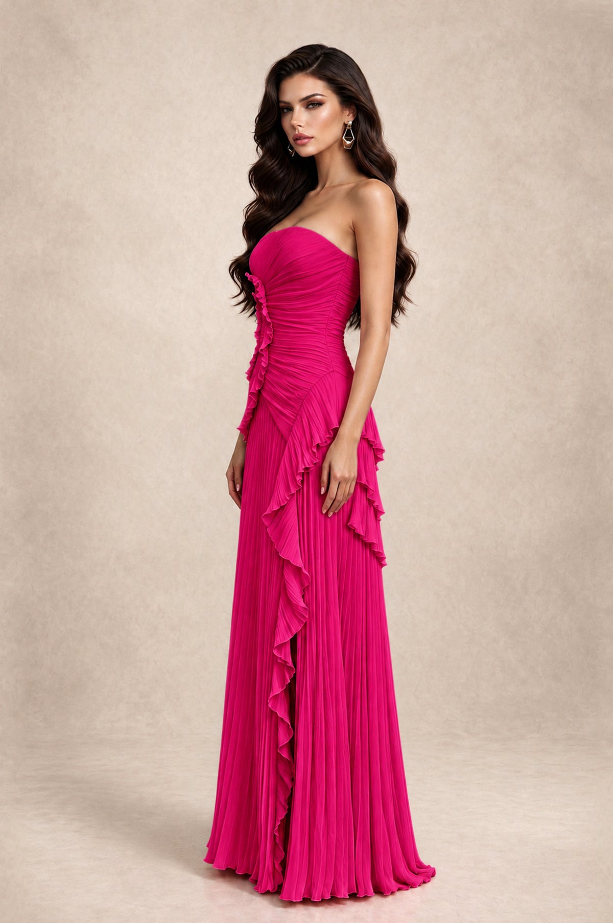 BOLODOO Hot Pink Strapless Ruffle Pleated Slit Evening Gown - Hot Pink - Hot Pink_4