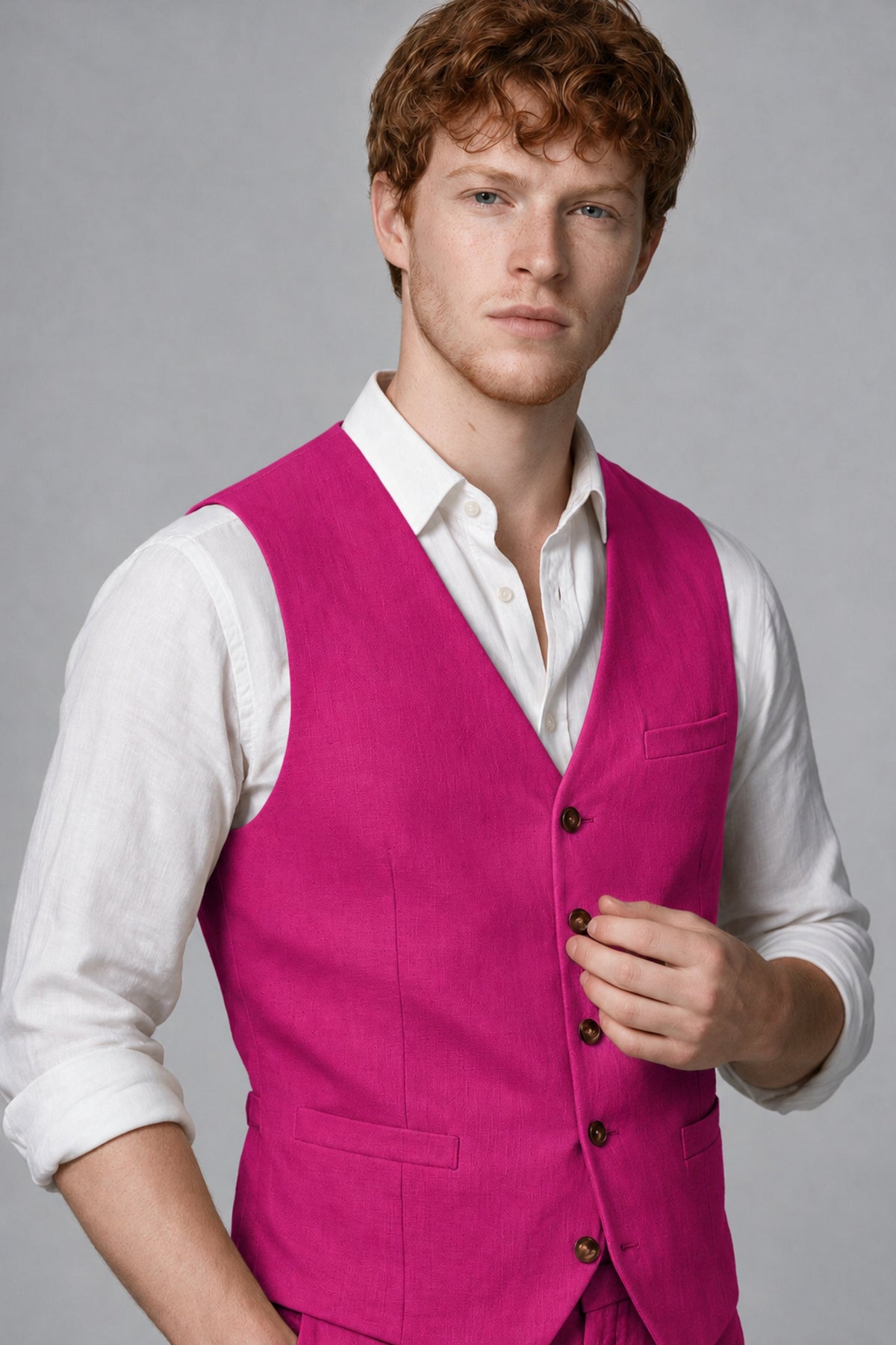 Bolodoo Men's Hot Pink 2-Piece Vest and Pants Set with V-Neck Waistcoat - Hot Pink - Hot Pink_4