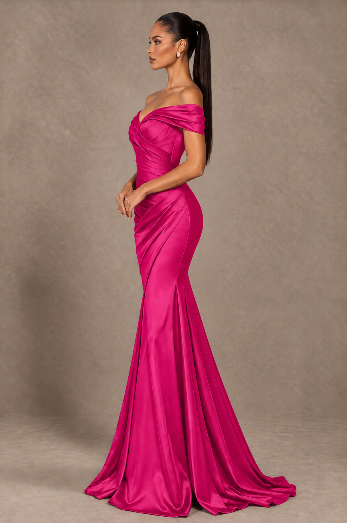 BOLODOO Hot Pink Off-the-Shoulder Ruched Satin Mermaid Evening Dress - Hot Pink - Hot_Pink_4