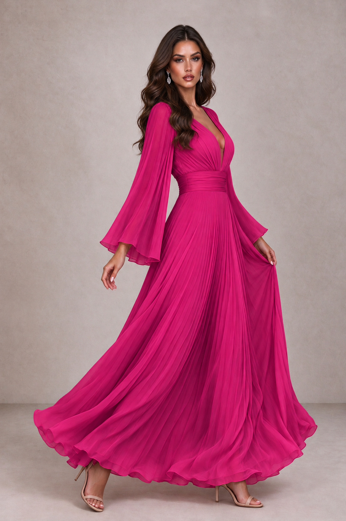 BOLODOO Hot Pink Pleated Deep V-Neck Long Bell Sleeve Evening Dress - Hot Pink - Hot_Pink_4