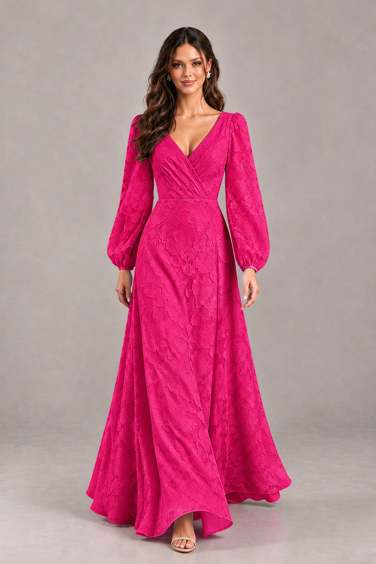 BOLODOO Hot Pink Long Sleeve V-Neck A-Line Mother of the Bride Dress - Hot Pink - Hot Pink_4