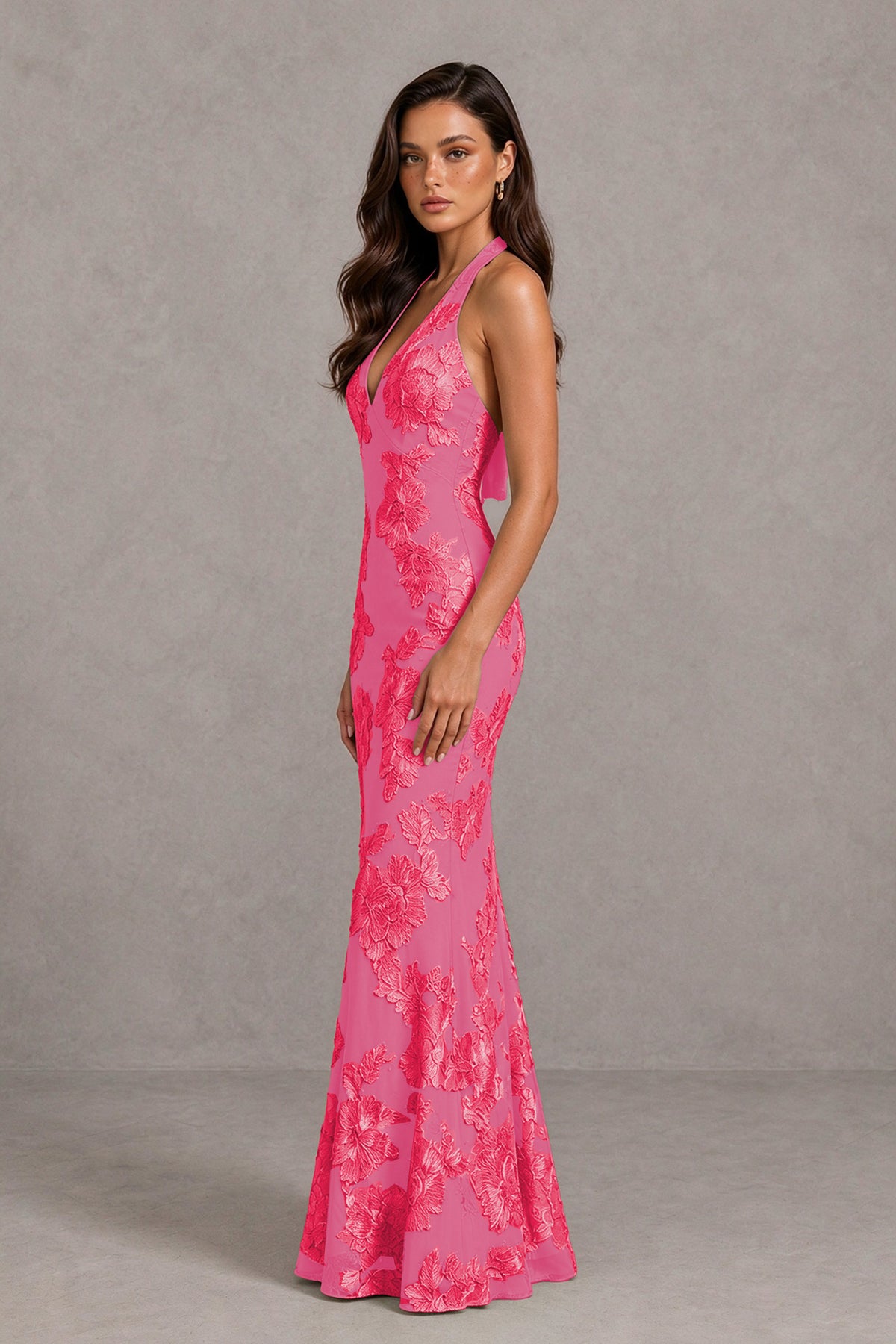 BOLODOO Hot Pink Floral Jacquard Halter Maxi Dress - Hot Pink - Hot Pink(4)
