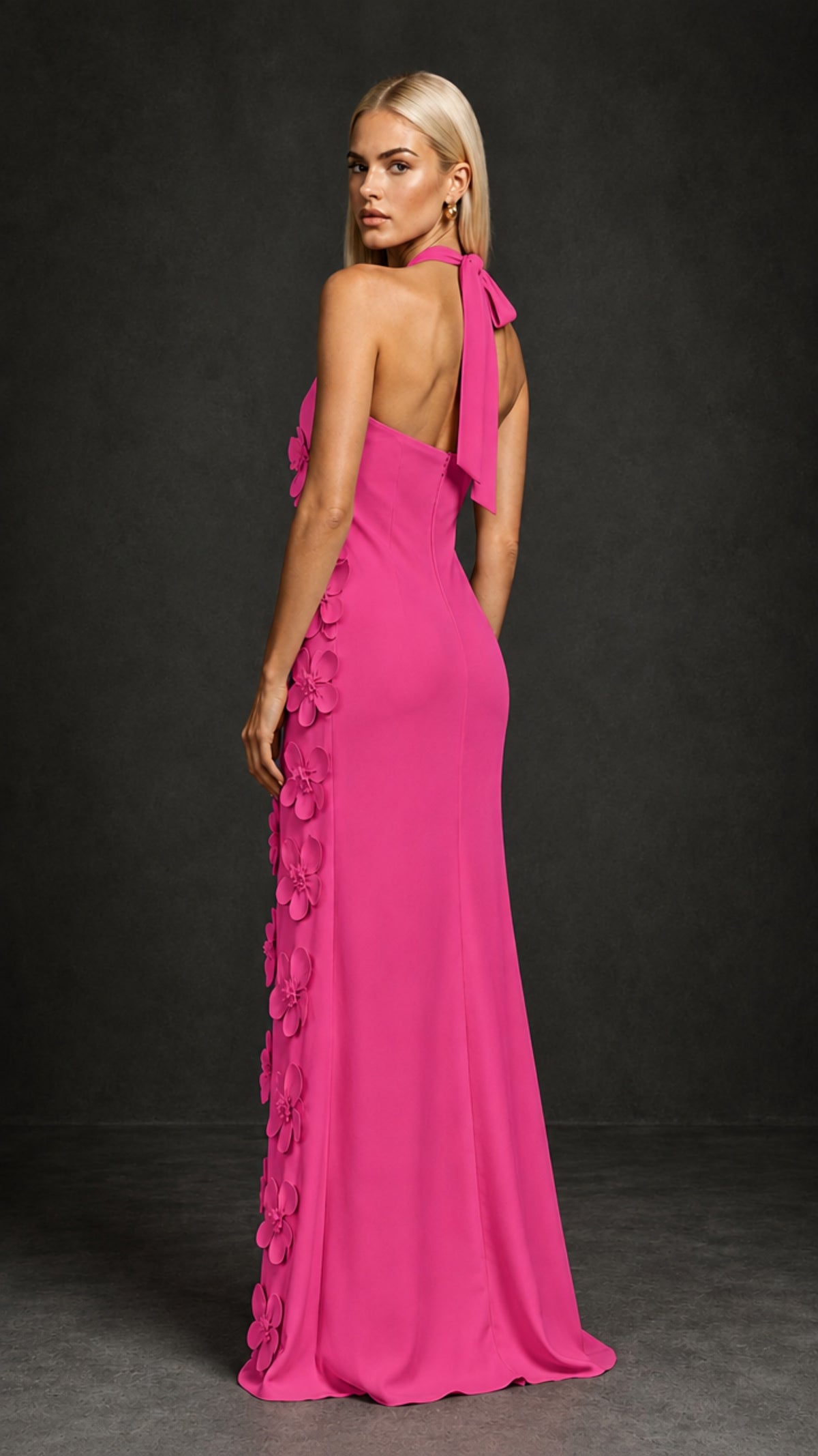 BOLODOO Hot Pink Cross Halter Neck 3D Floral Appliqué Backless Mermaid Maxi Gown - Hot Pink