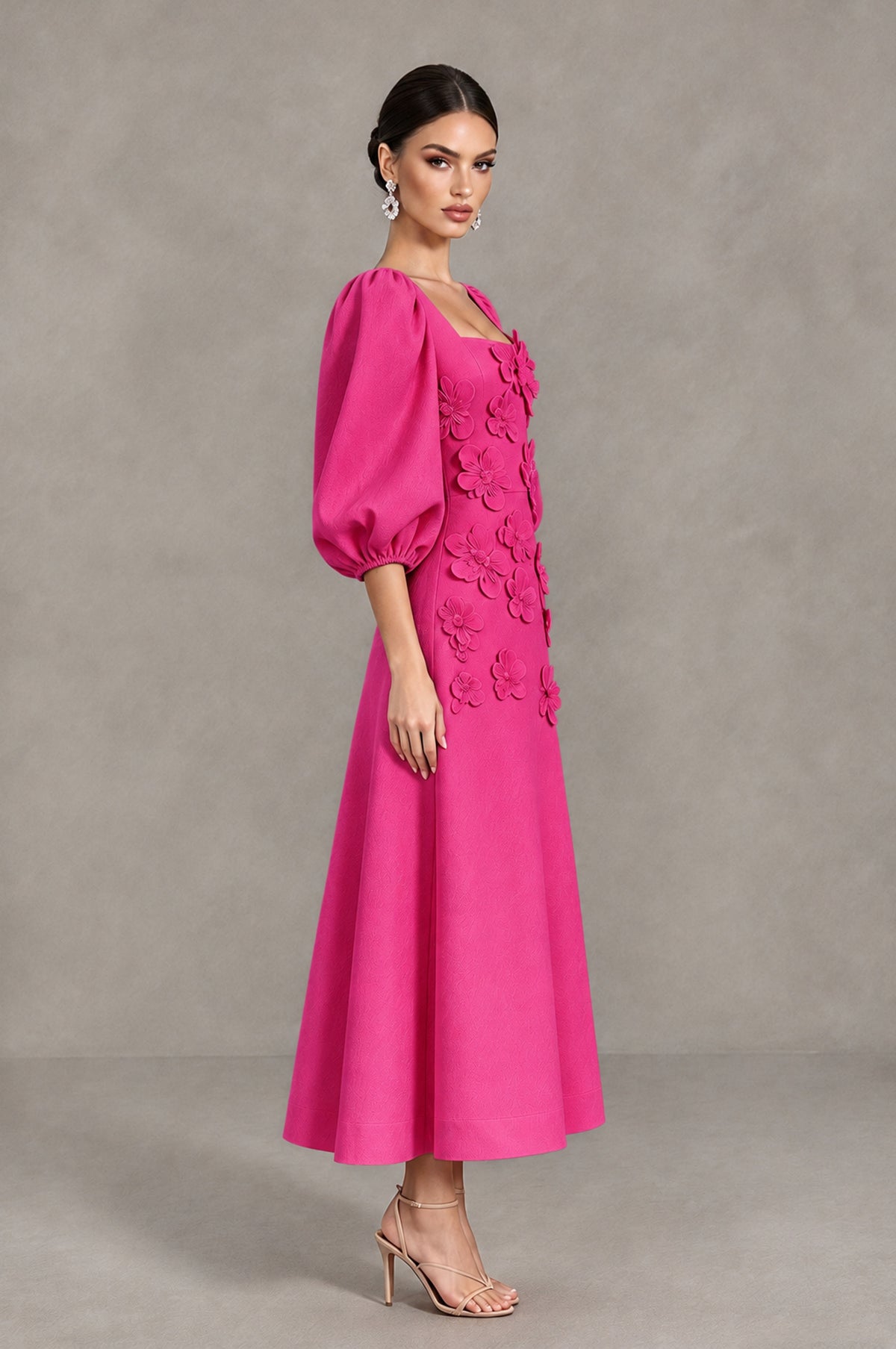 BOLODOO Hot Pink 3D Floral Puff Sleeve Midi Cocktail Dress - Hot Pink - Hot Pink_4