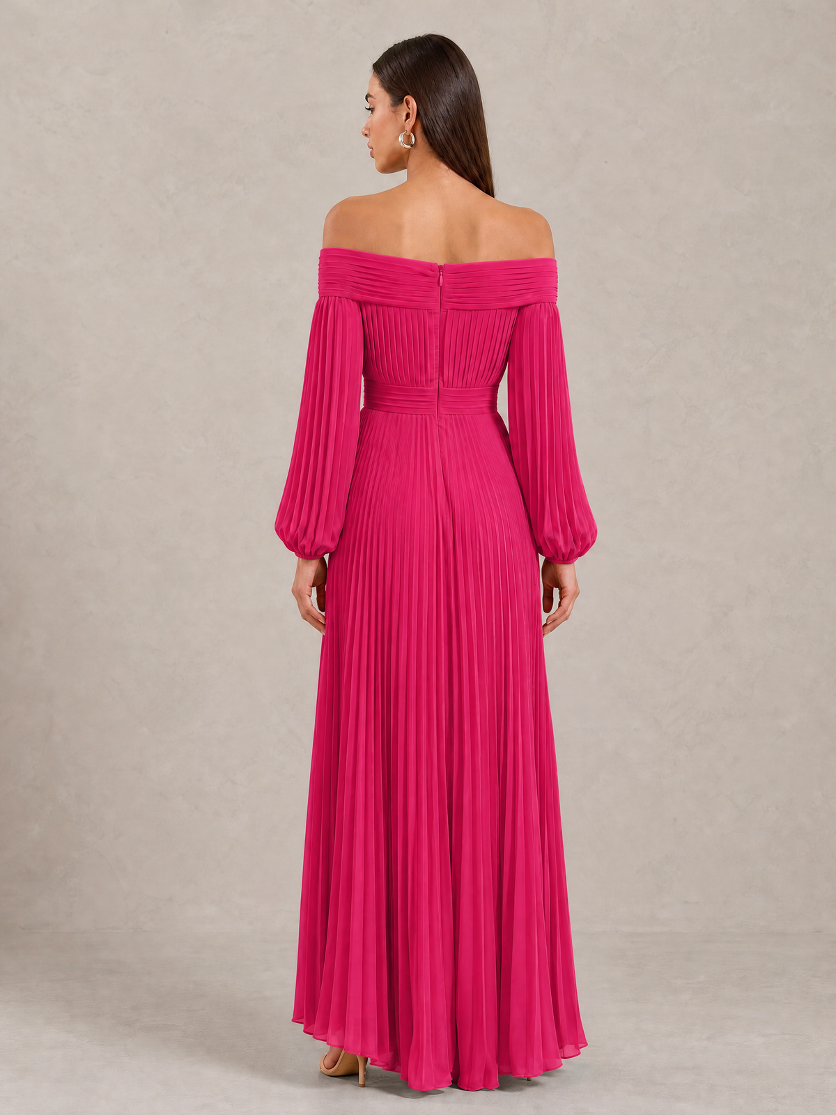 BOLODOO Hot Pink Off-Shoulder Long Sleeve Pleated High-Low Dress - Hot Pink - Hot_Pink_4
