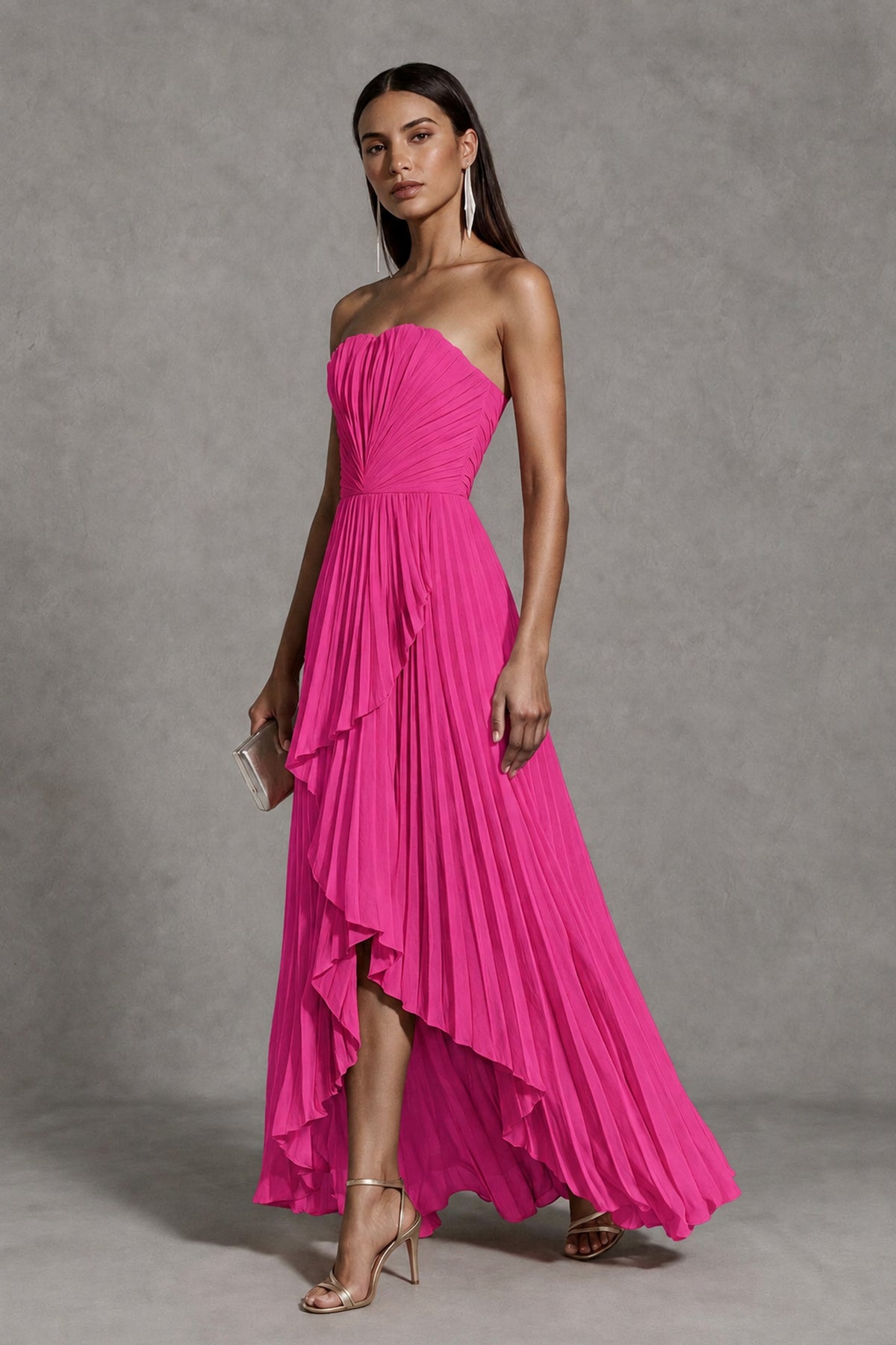Hot Pink Strapless Pleated High-Low Evening Gown with Ruffle Hem - Hot Pink